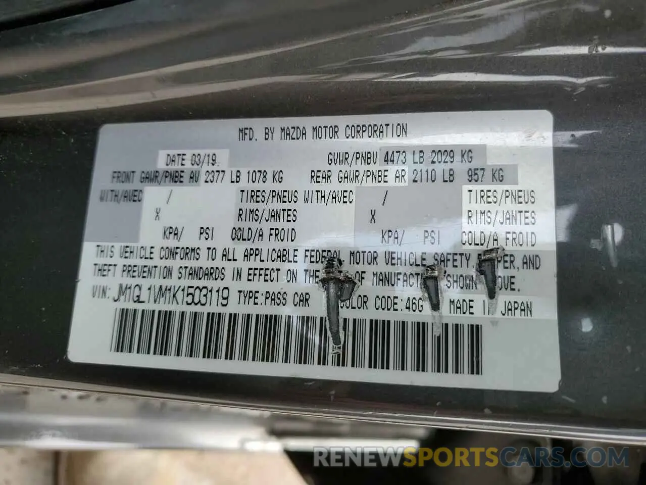 12 Photograph of a damaged car JM1GL1VM1K1503119 MAZDA 6 2019