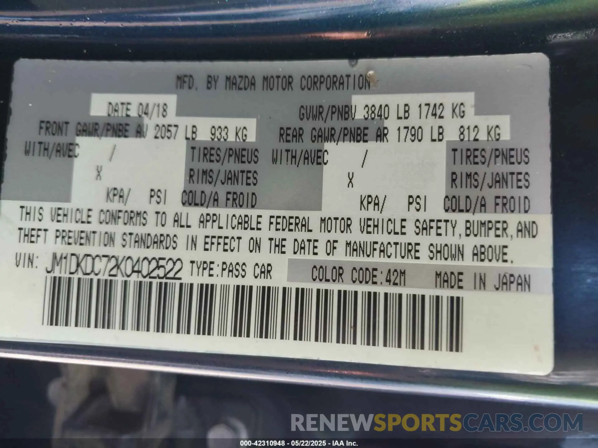 9 Photograph of a damaged car JM1DKDC72K0402522 MAZDA CX-3 2019