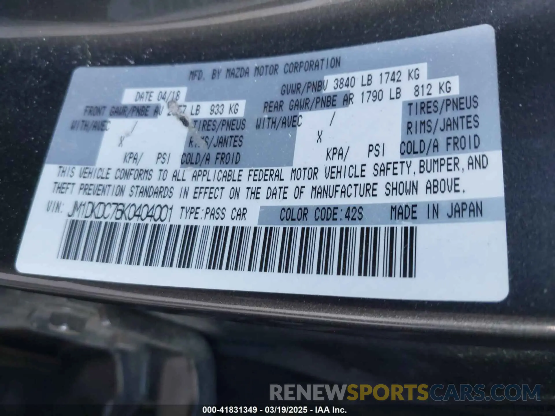 9 Photograph of a damaged car JM1DKDC76K0404001 MAZDA CX-3 2019