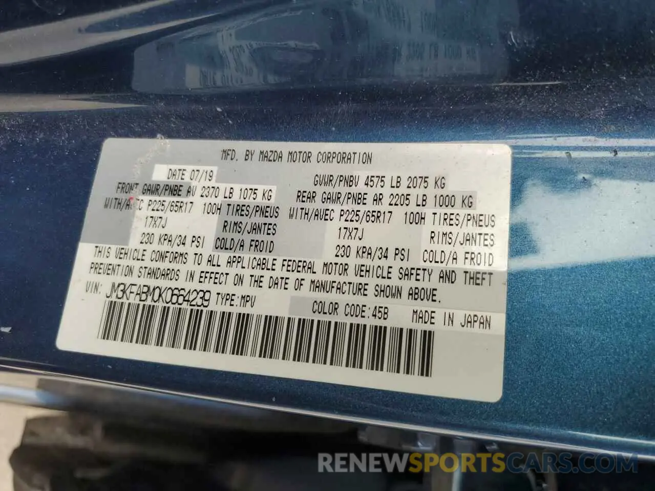 13 Photograph of a damaged car JM3KFABM0K0664239 MAZDA CX-5 2019
