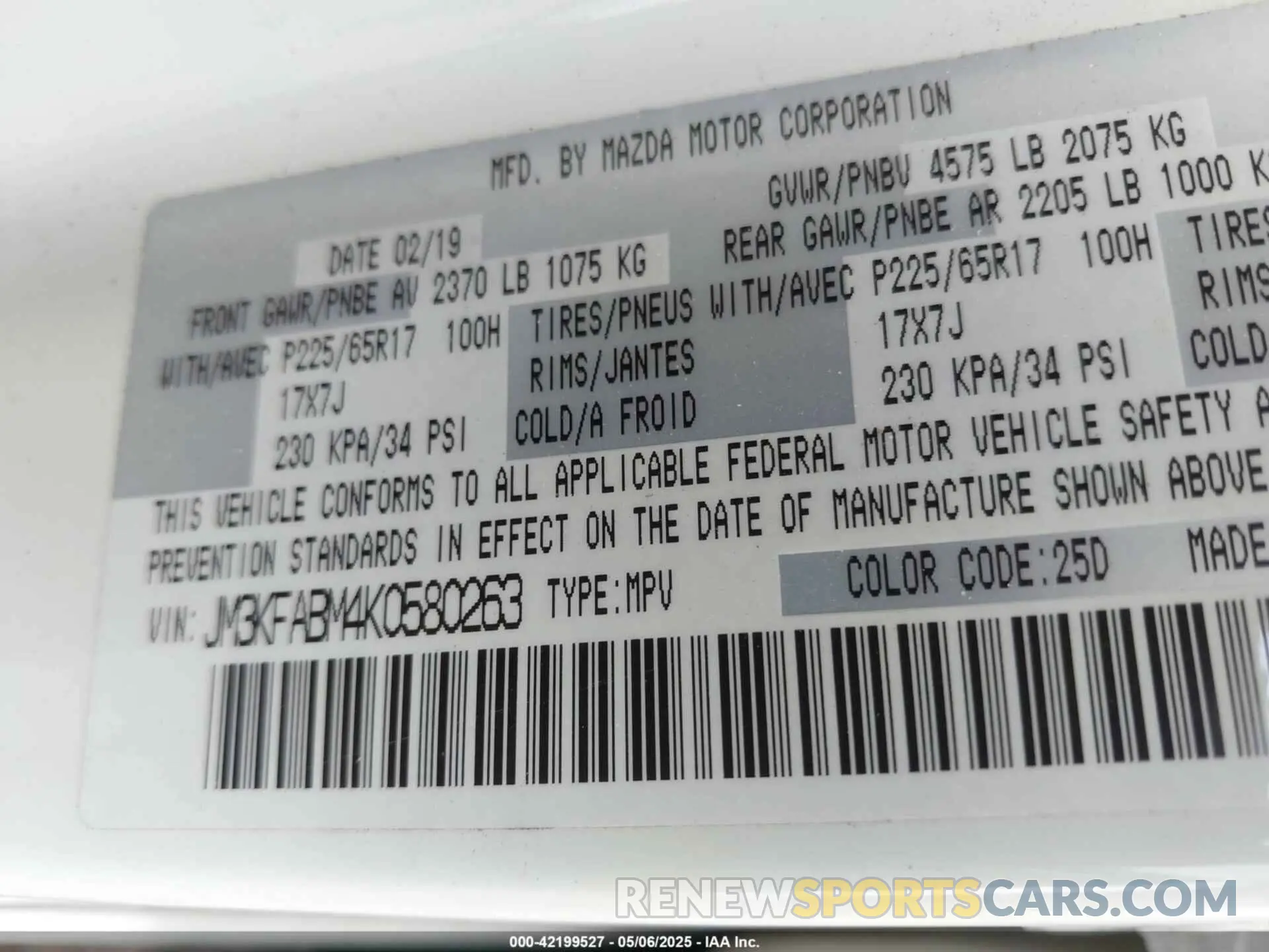 9 Photograph of a damaged car JM3KFABM4K0580263 MAZDA CX-5 2019