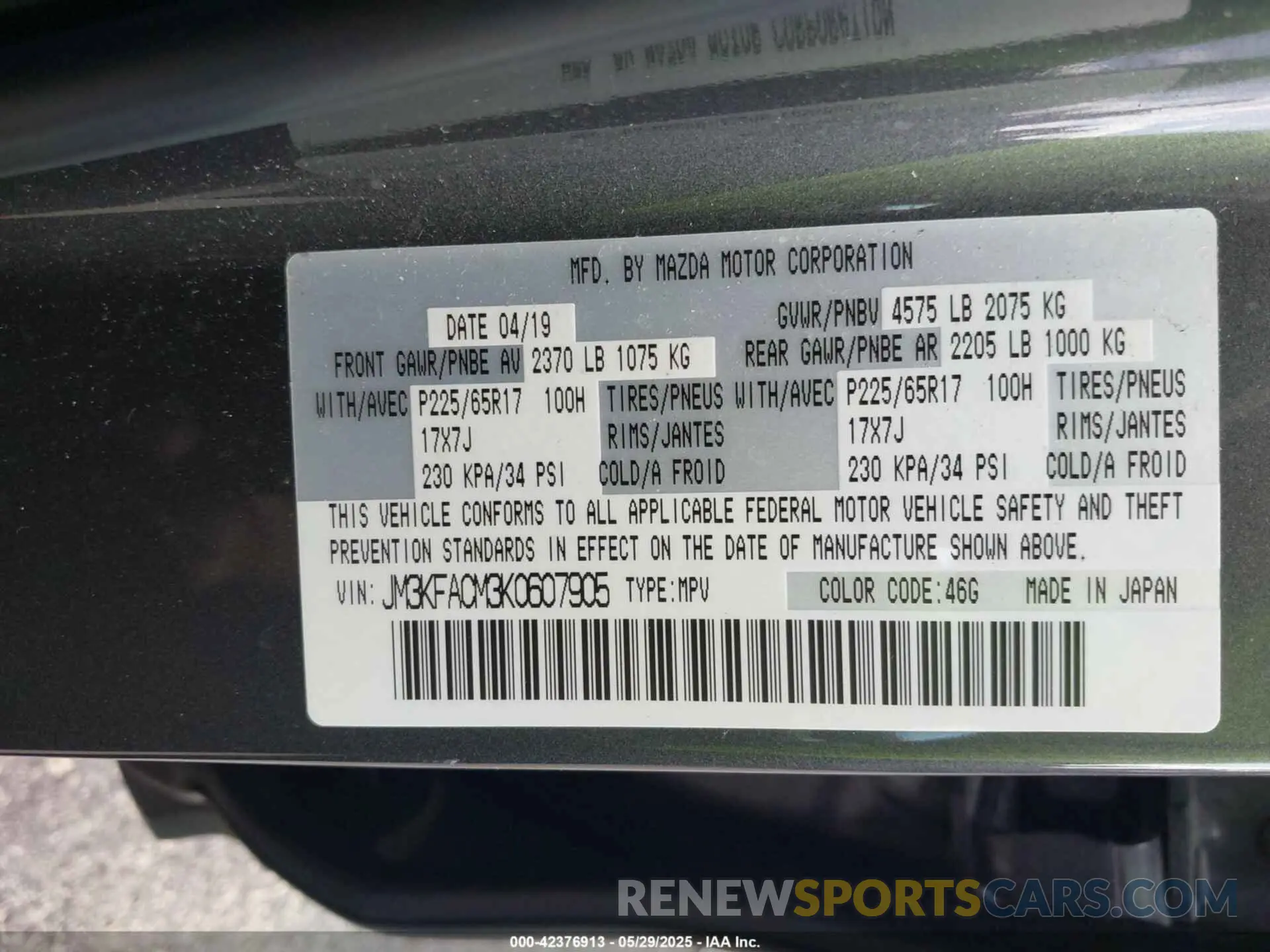 9 Photograph of a damaged car JM3KFACM3K0607905 MAZDA CX-5 2019