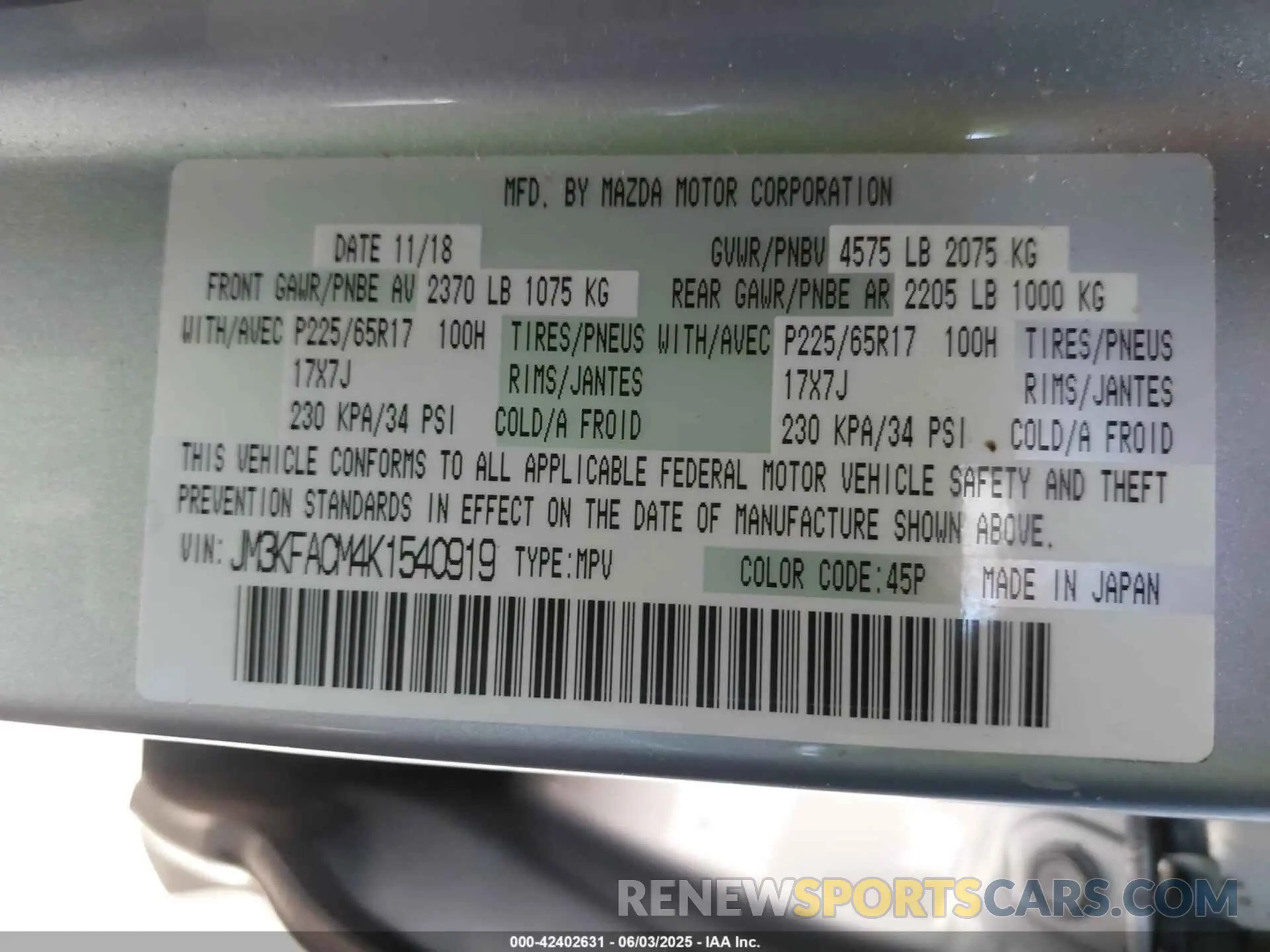 9 Photograph of a damaged car JM3KFACM4K1540919 MAZDA CX-5 2019
