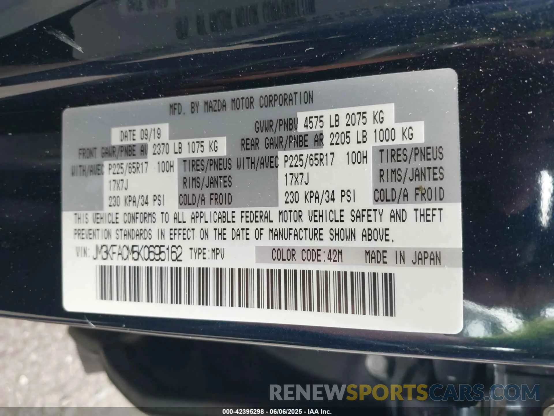9 Photograph of a damaged car JM3KFACM5K0695162 MAZDA CX-5 2019