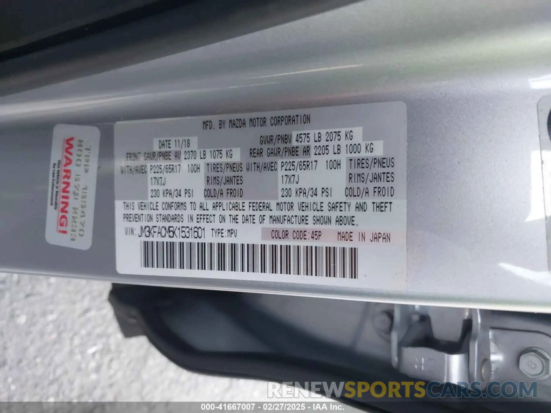 9 Photograph of a damaged car JM3KFACM5K1531601 MAZDA CX-5 2019