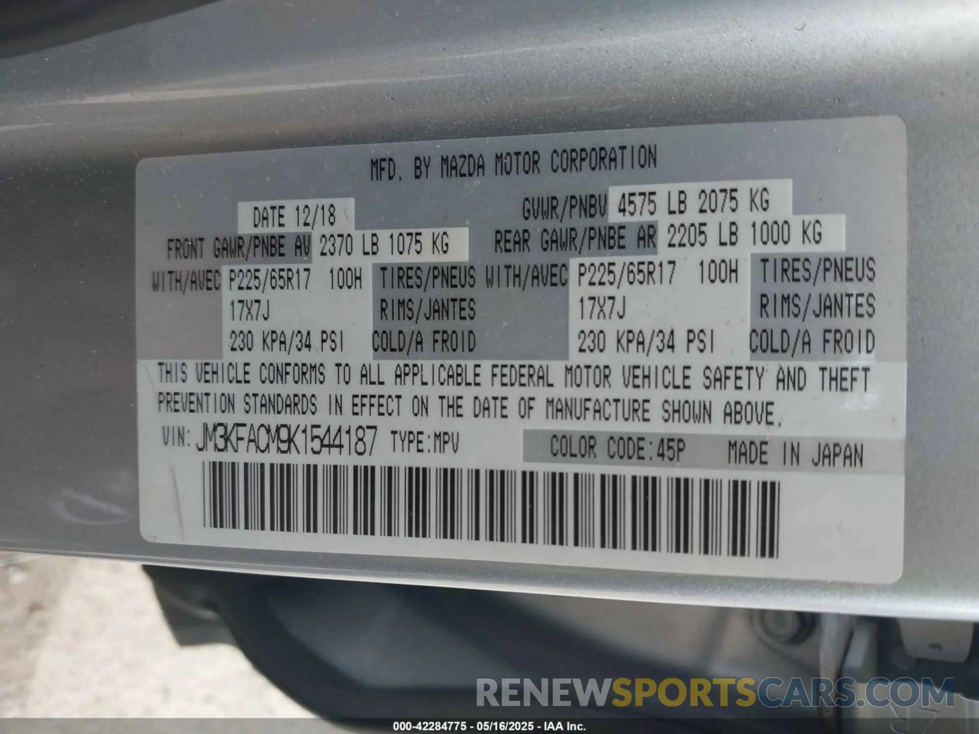 9 Photograph of a damaged car JM3KFACM9K1544187 MAZDA CX-5 2019