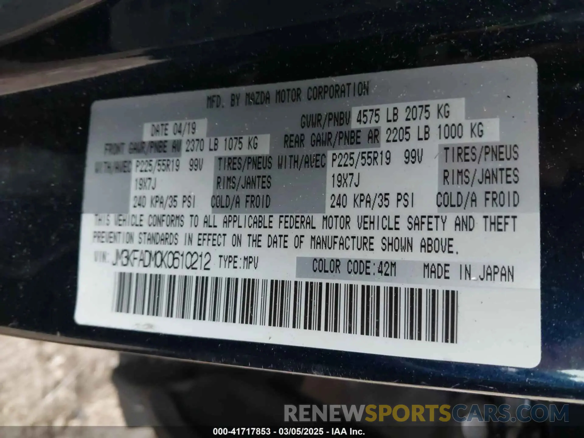 9 Photograph of a damaged car JM3KFADM0K0610212 MAZDA CX-5 2019
