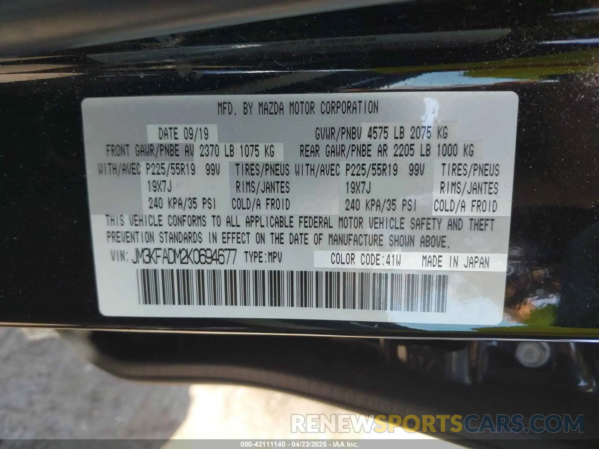 9 Photograph of a damaged car JM3KFADM2K0694677 MAZDA CX-5 2019