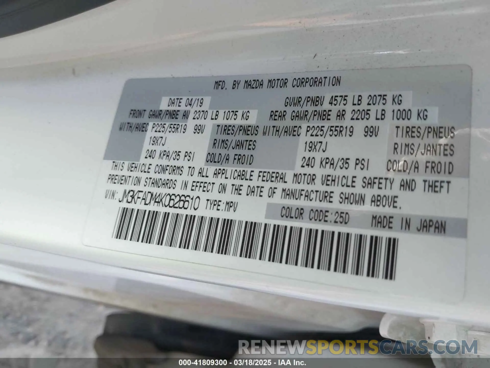 9 Photograph of a damaged car JM3KFADM4K0626610 MAZDA CX-5 2019