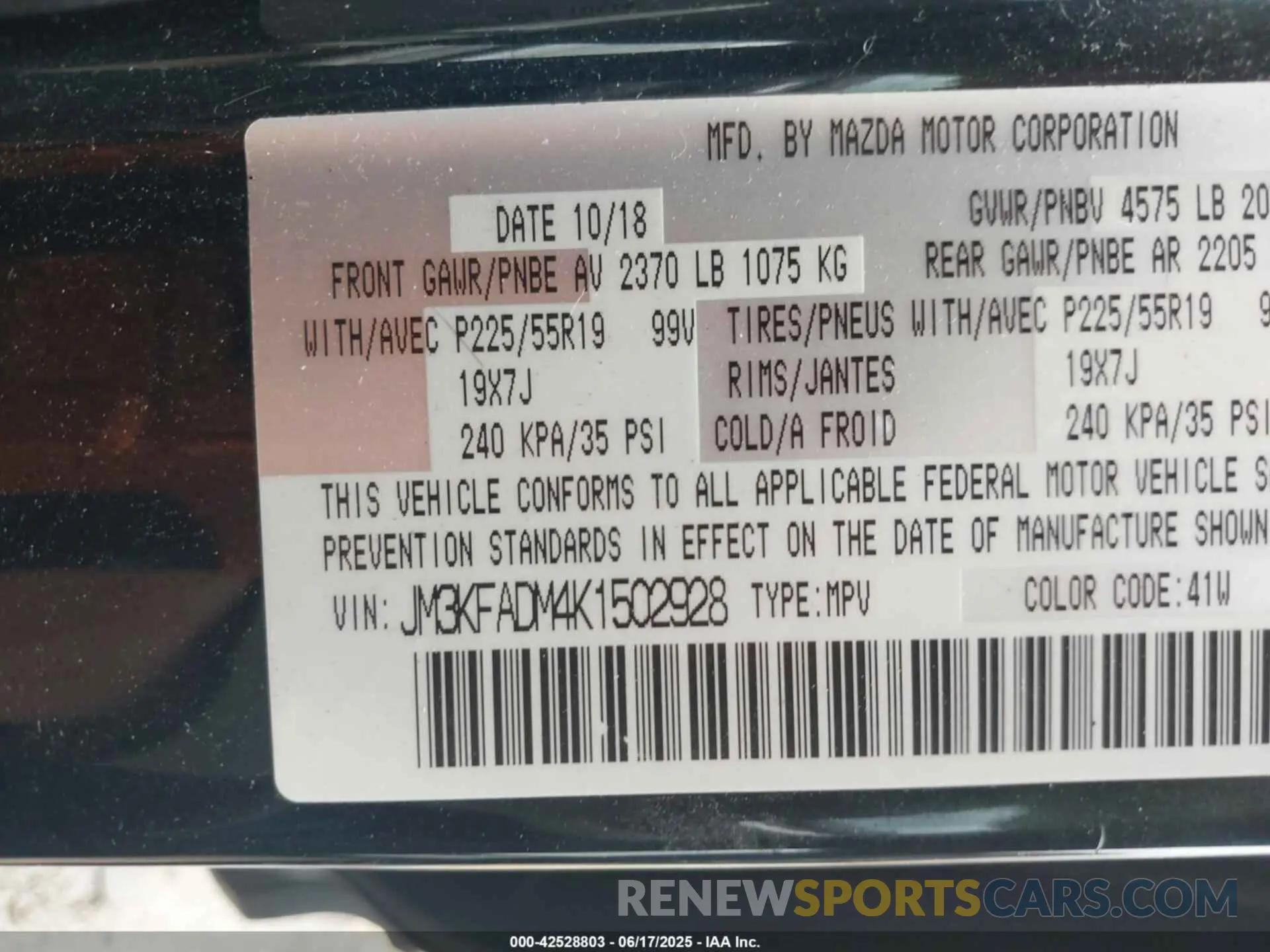 9 Photograph of a damaged car JM3KFADM4K1502928 MAZDA CX-5 2019
