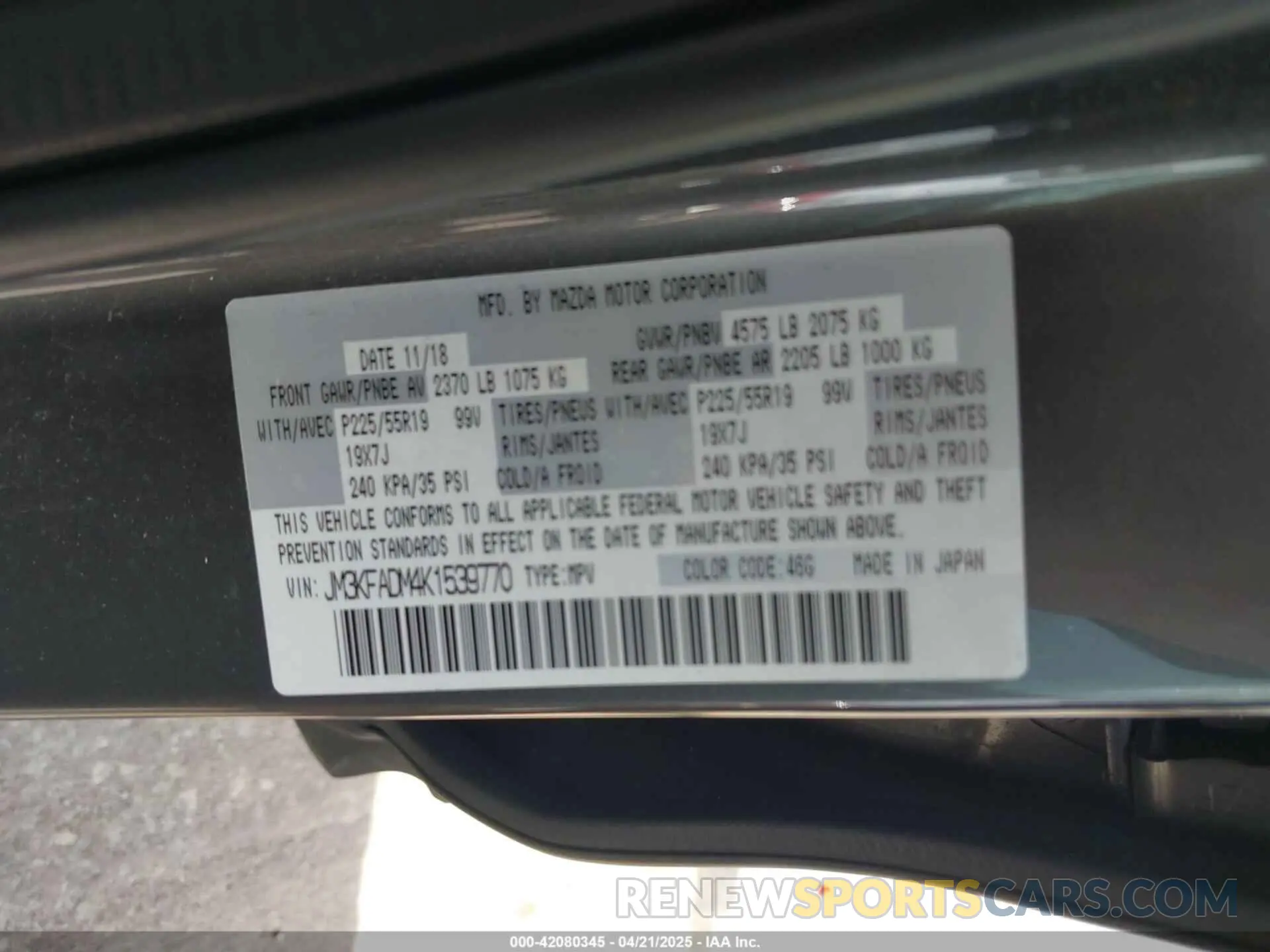 9 Photograph of a damaged car JM3KFADM4K1539770 MAZDA CX-5 2019