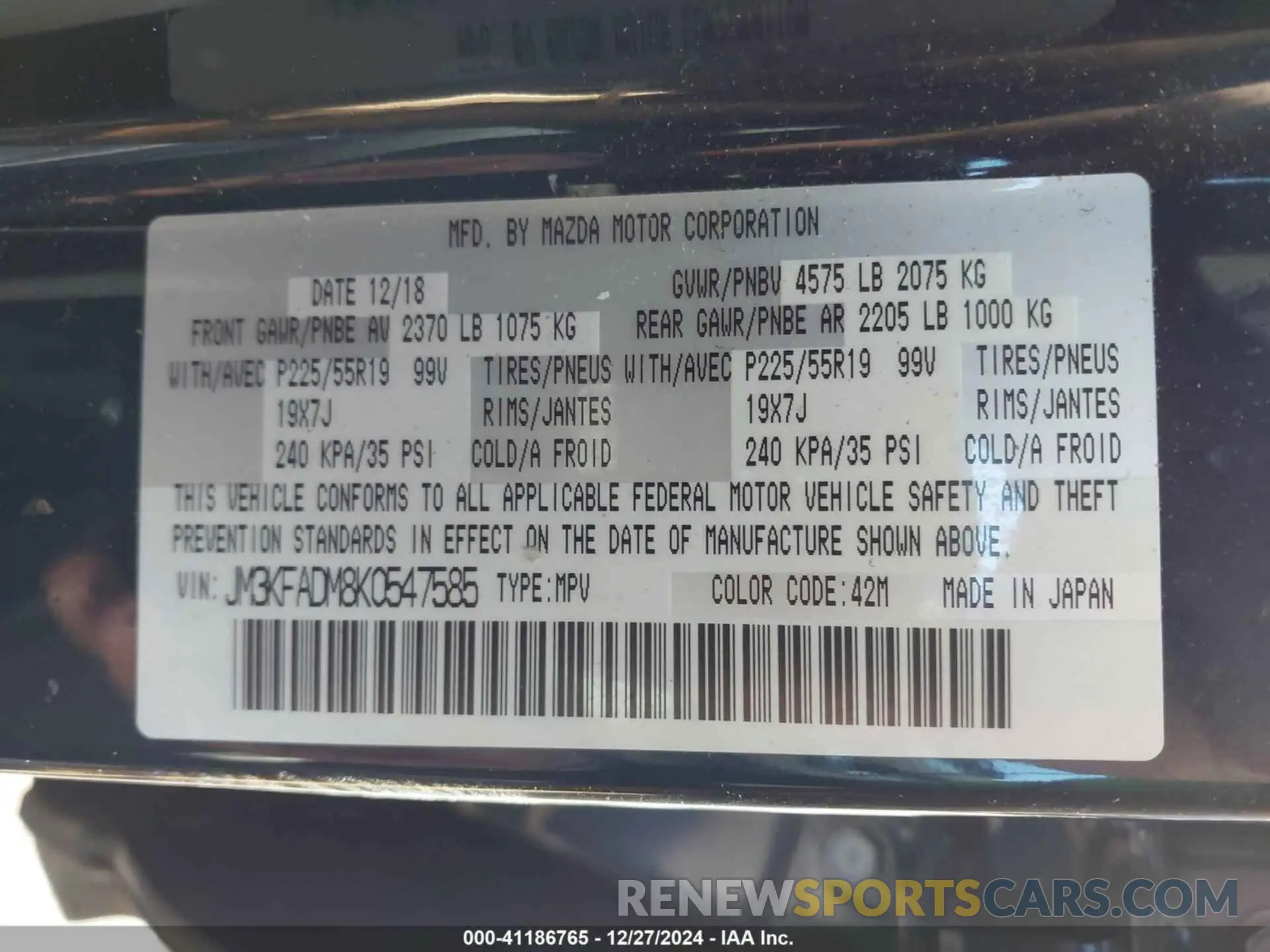 9 Photograph of a damaged car JM3KFADM8K0547585 MAZDA CX-5 2019