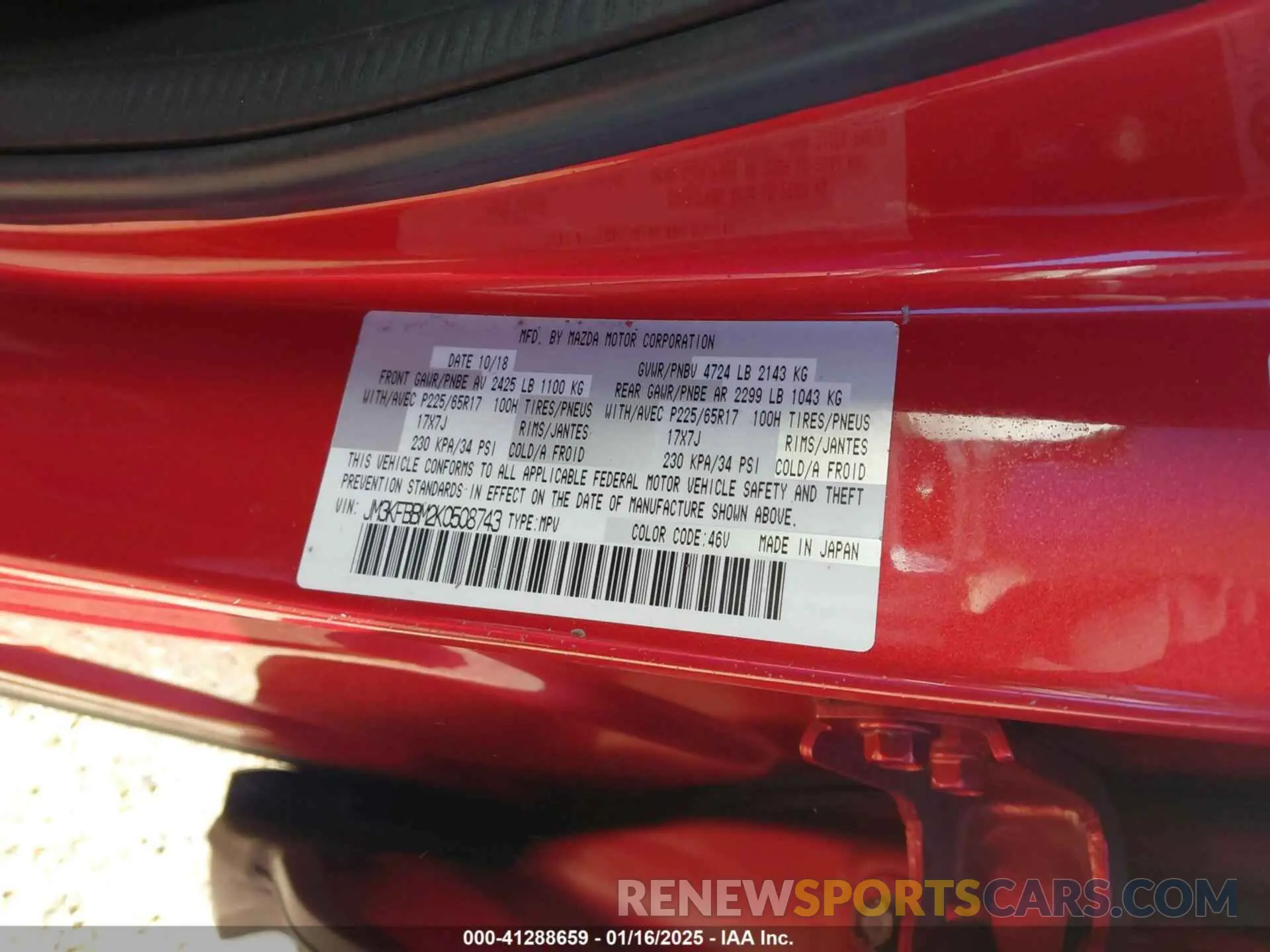 9 Photograph of a damaged car JM3KFBBM2K0508743 MAZDA CX-5 2019