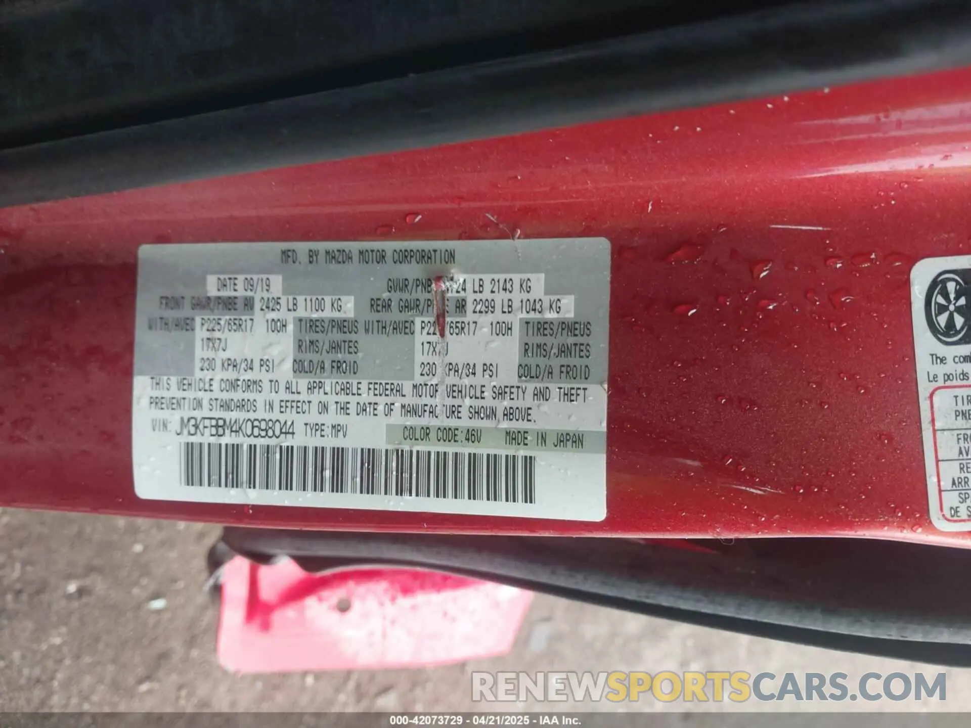 9 Photograph of a damaged car JM3KFBBM4K0698044 MAZDA CX-5 2019