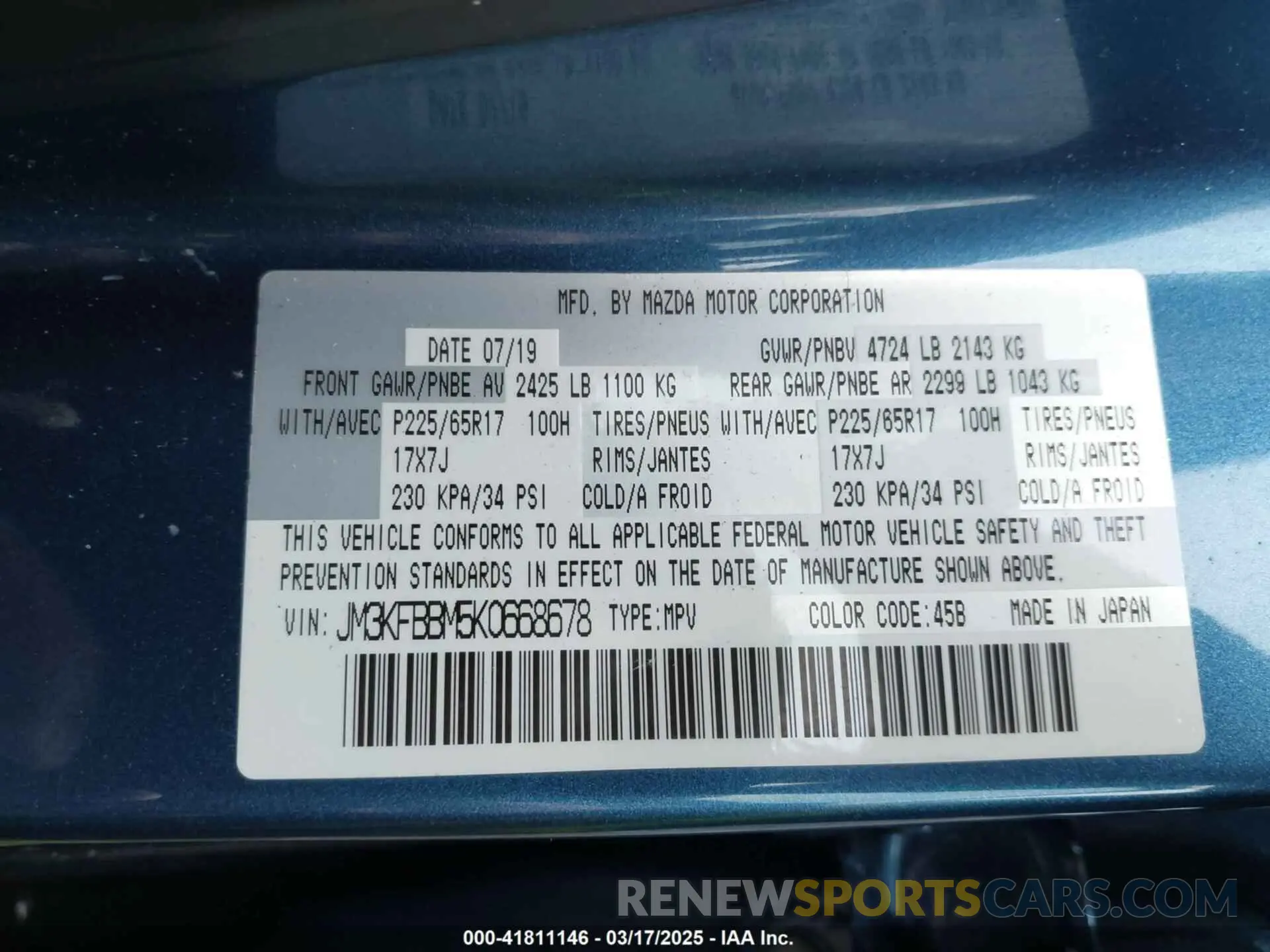 9 Photograph of a damaged car JM3KFBBM5K0668678 MAZDA CX-5 2019