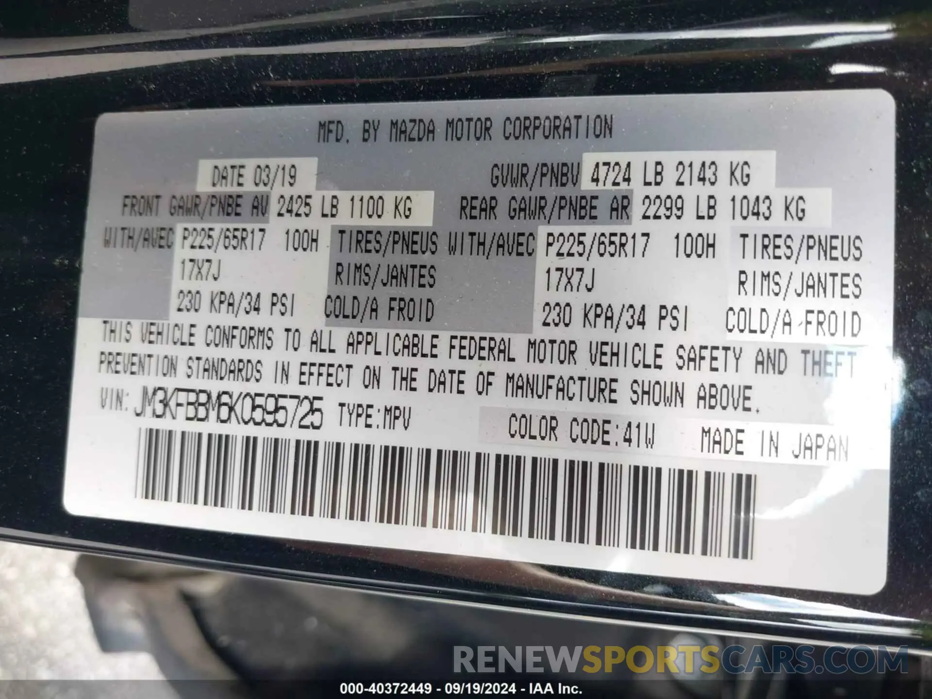 9 Photograph of a damaged car JM3KFBBM6K0595725 MAZDA CX-5 2019