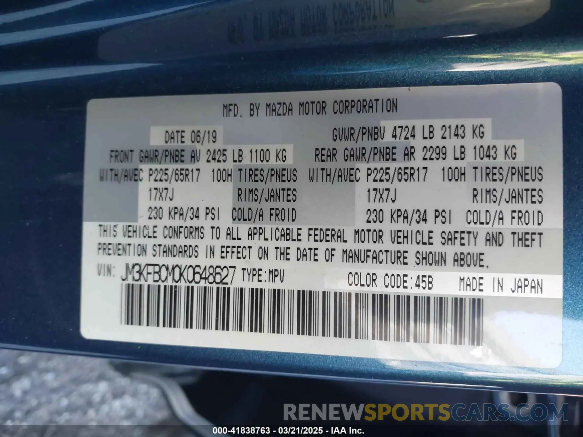 9 Photograph of a damaged car JM3KFBCM0K0648627 MAZDA CX-5 2019