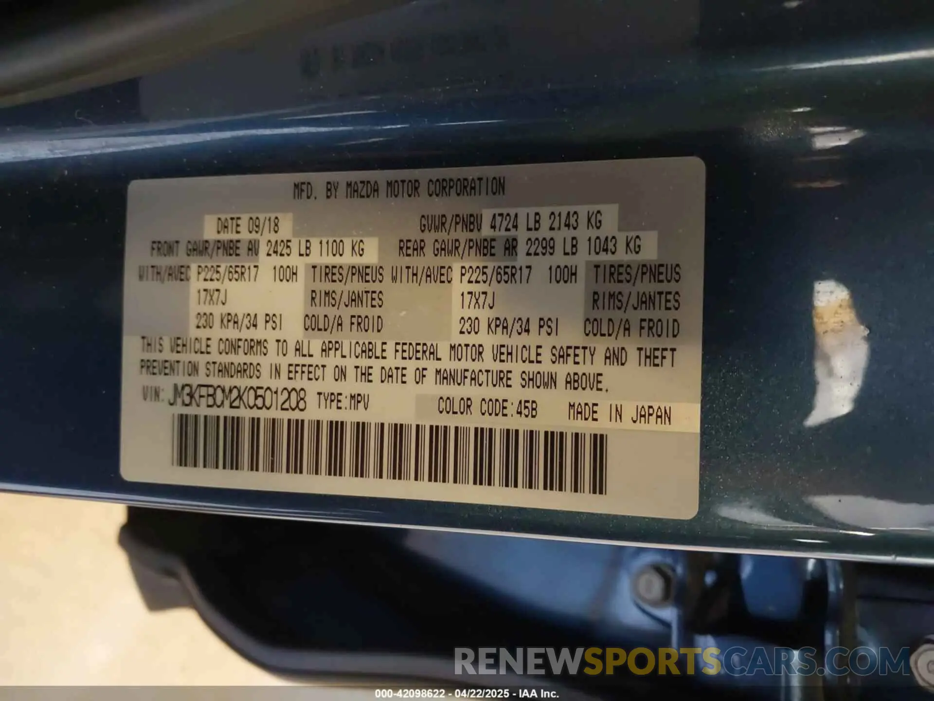 9 Photograph of a damaged car JM3KFBCM2K0501208 MAZDA CX-5 2019