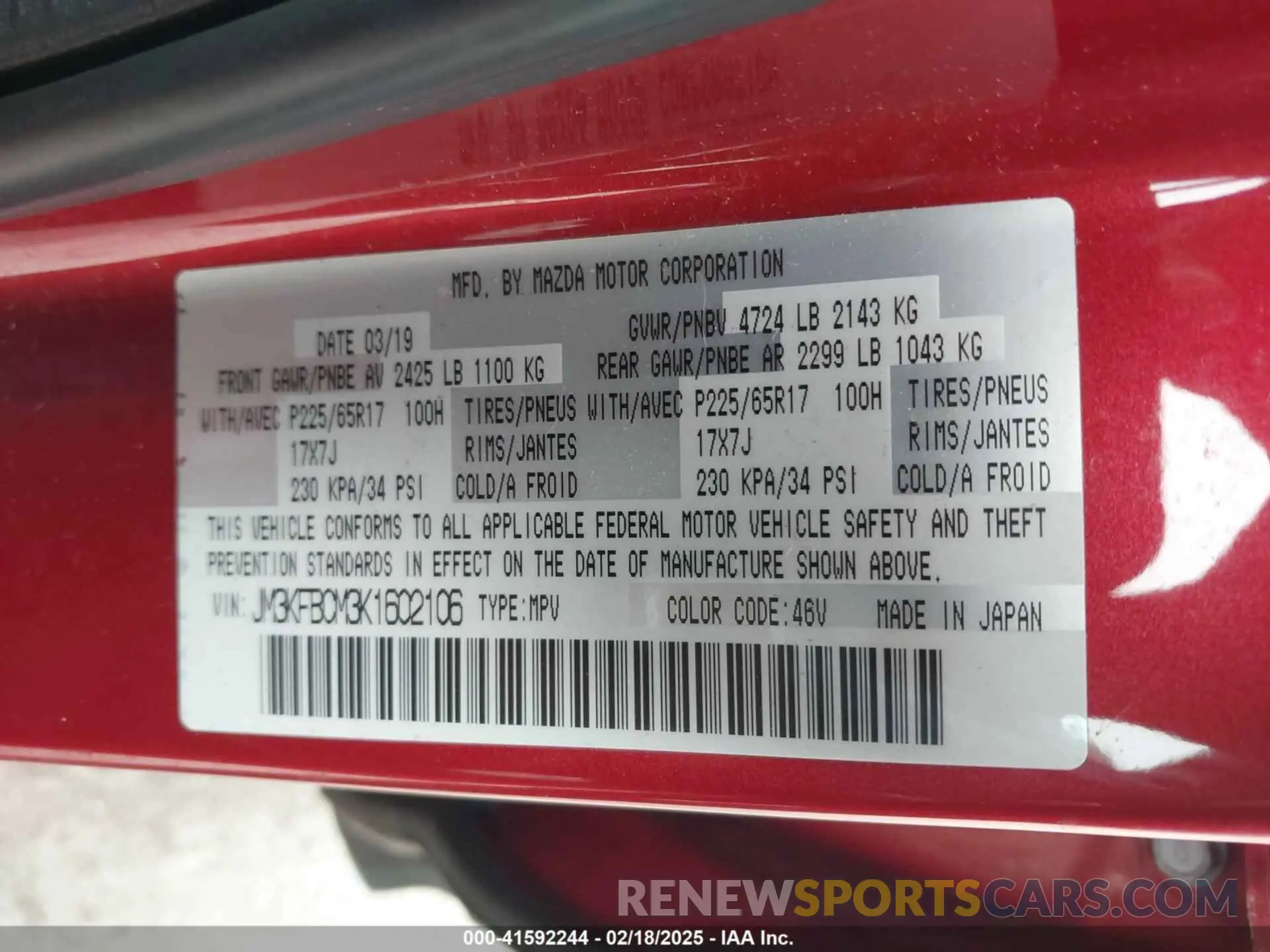 9 Photograph of a damaged car JM3KFBCM3K1602106 MAZDA CX-5 2019