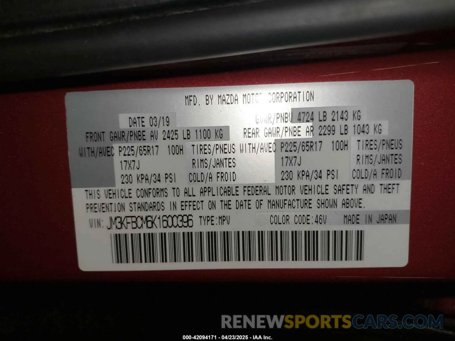 9 Photograph of a damaged car JM3KFBCM6K1600396 MAZDA CX-5 2019