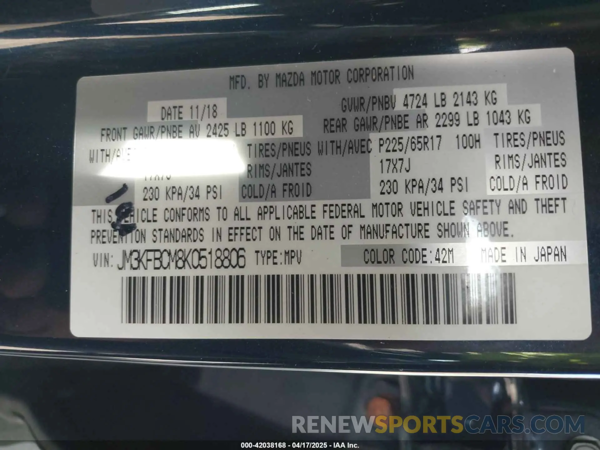 9 Photograph of a damaged car JM3KFBCM8K0518806 MAZDA CX-5 2019