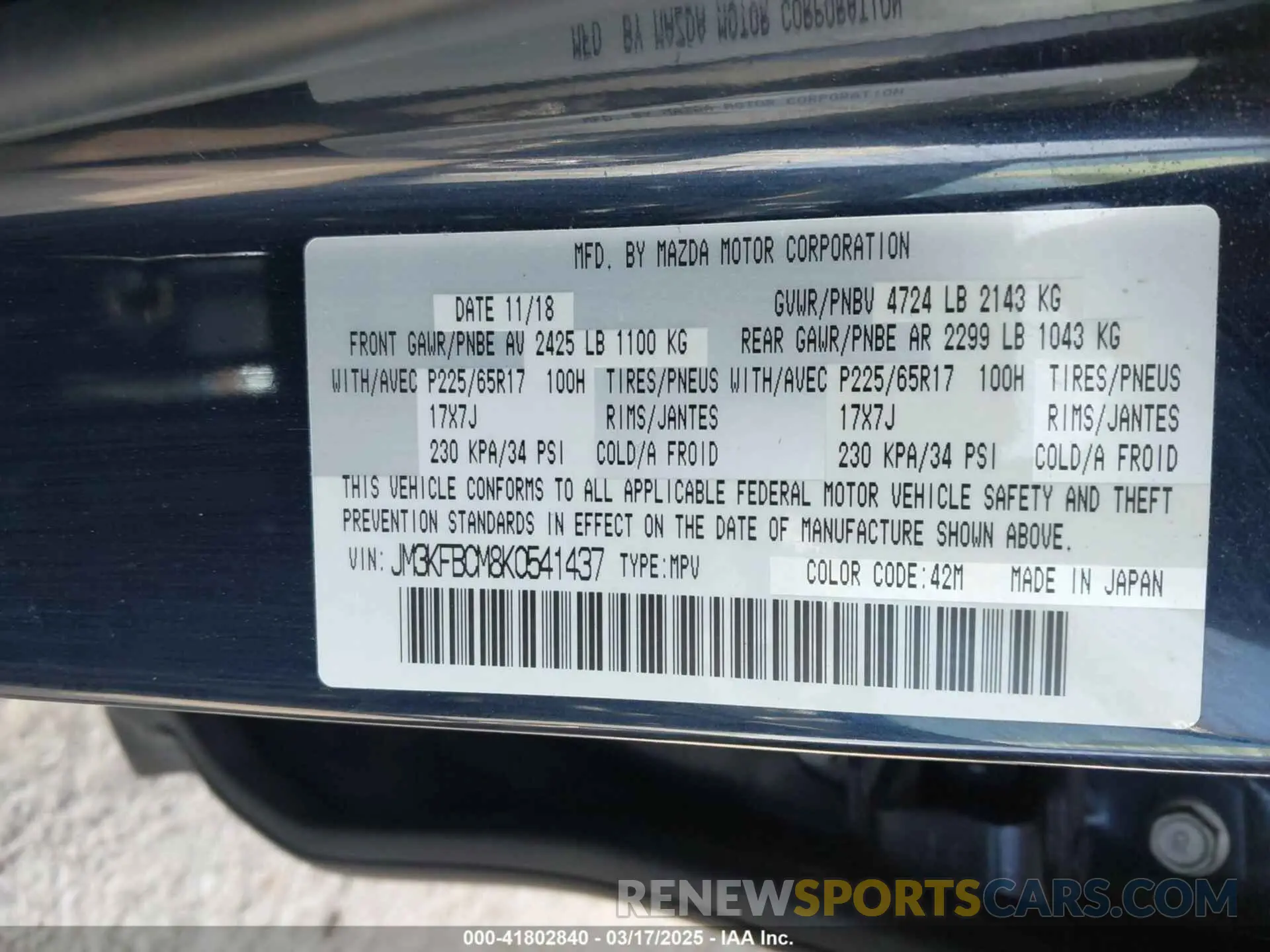 9 Photograph of a damaged car JM3KFBCM8K0541437 MAZDA CX-5 2019