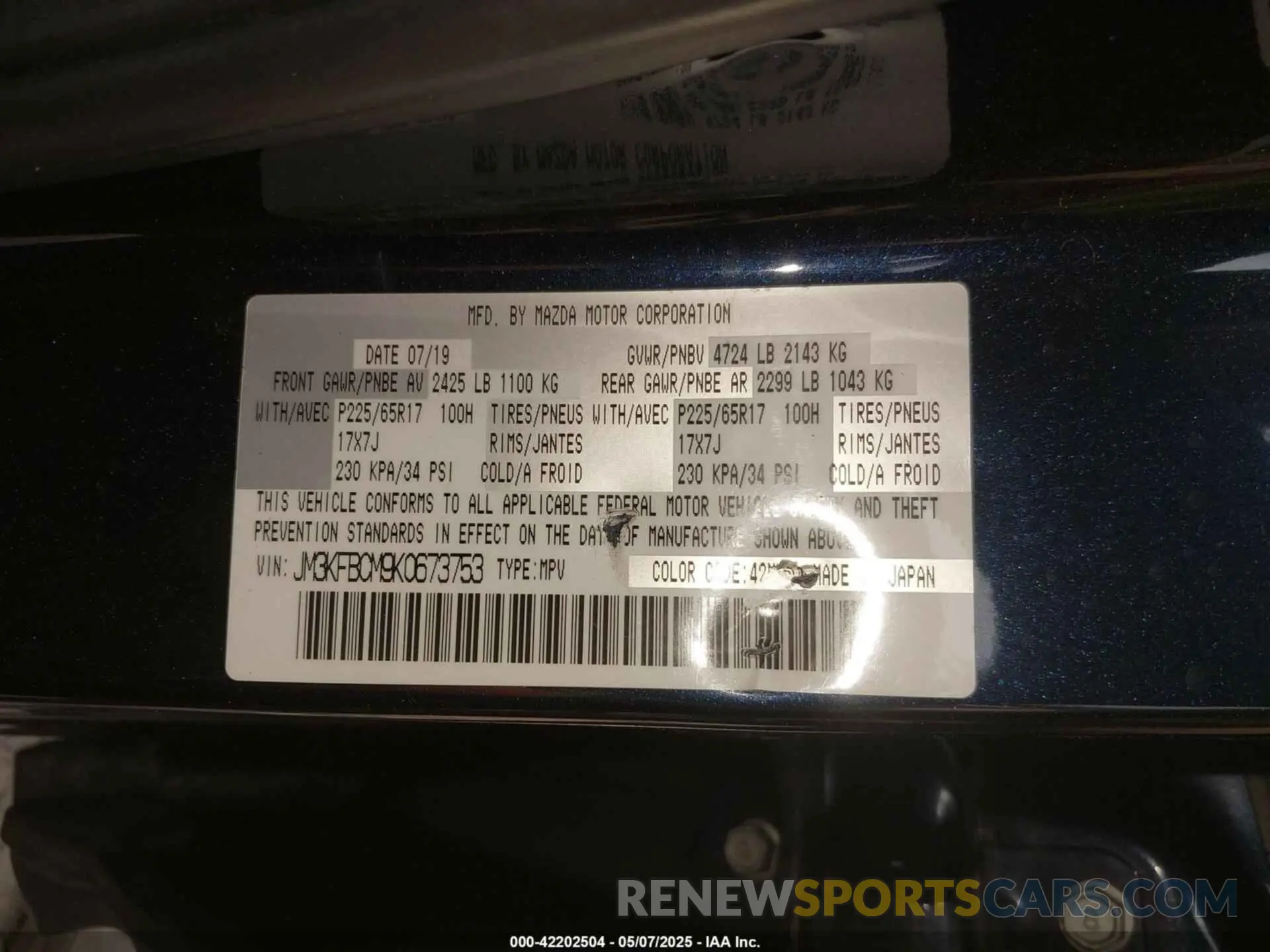9 Photograph of a damaged car JM3KFBCM9K0673753 MAZDA CX-5 2019