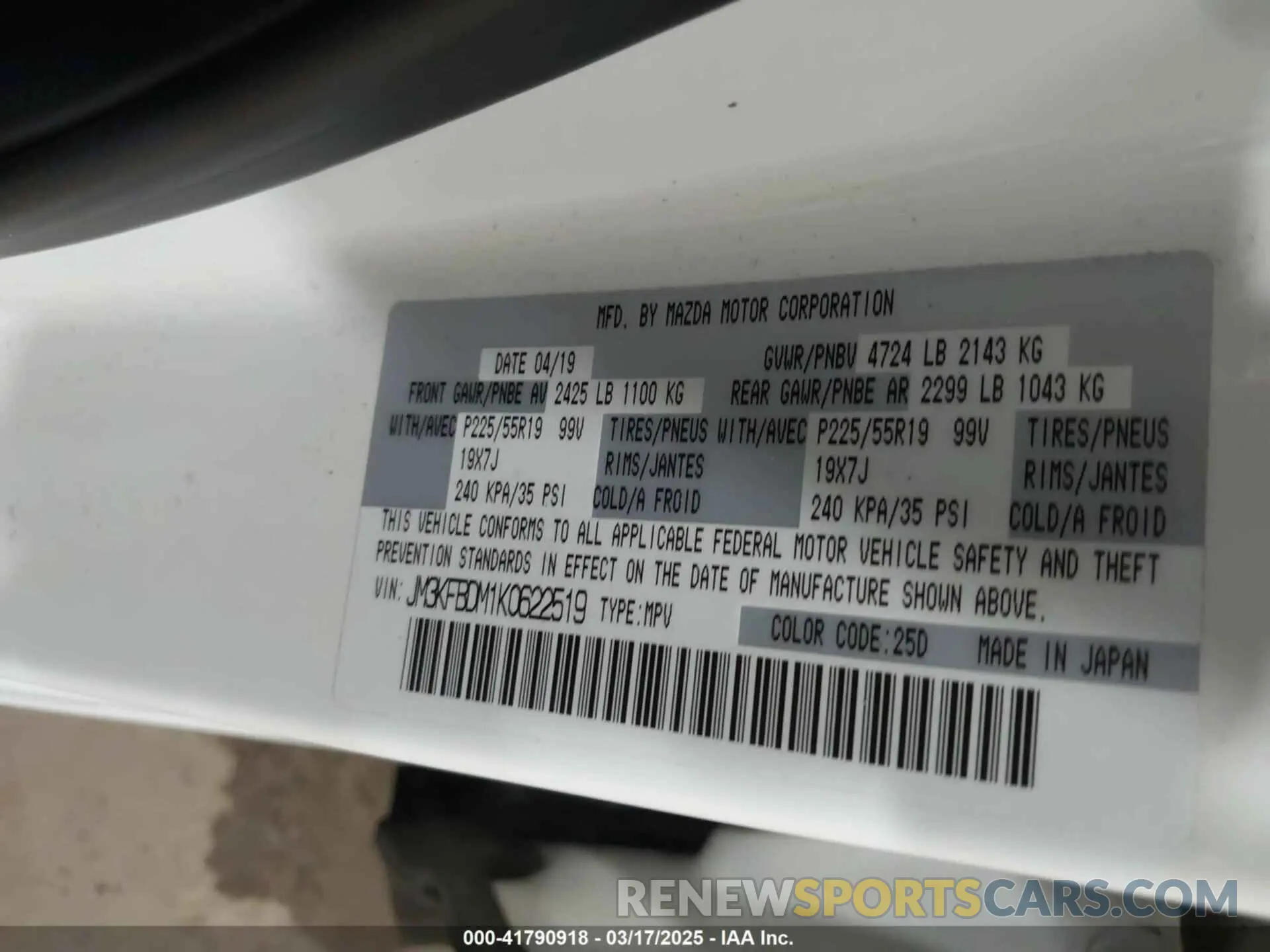 9 Photograph of a damaged car JM3KFBDM1K0622519 MAZDA CX-5 2019