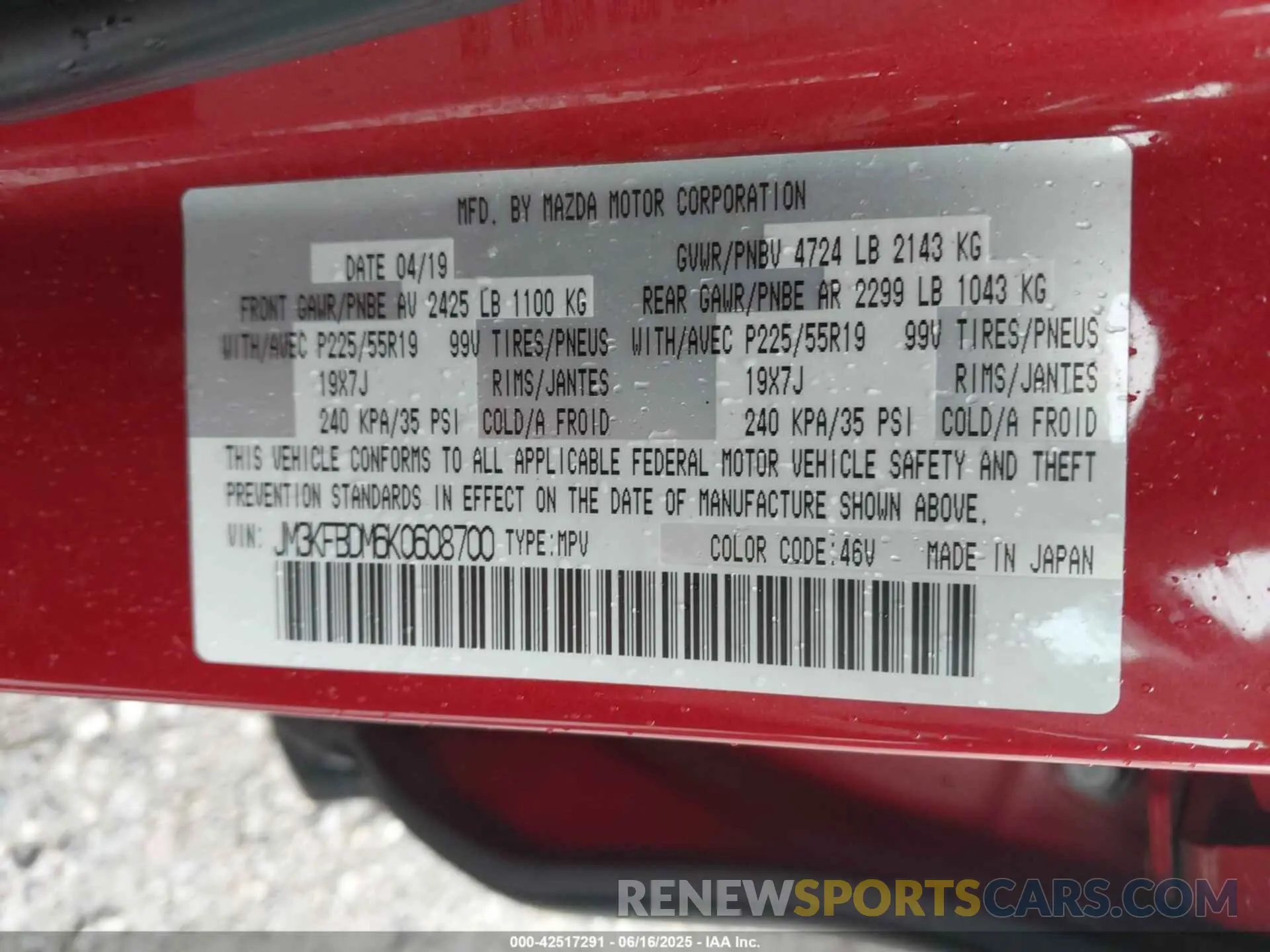 9 Photograph of a damaged car JM3KFBDM6K0608700 MAZDA CX-5 2019