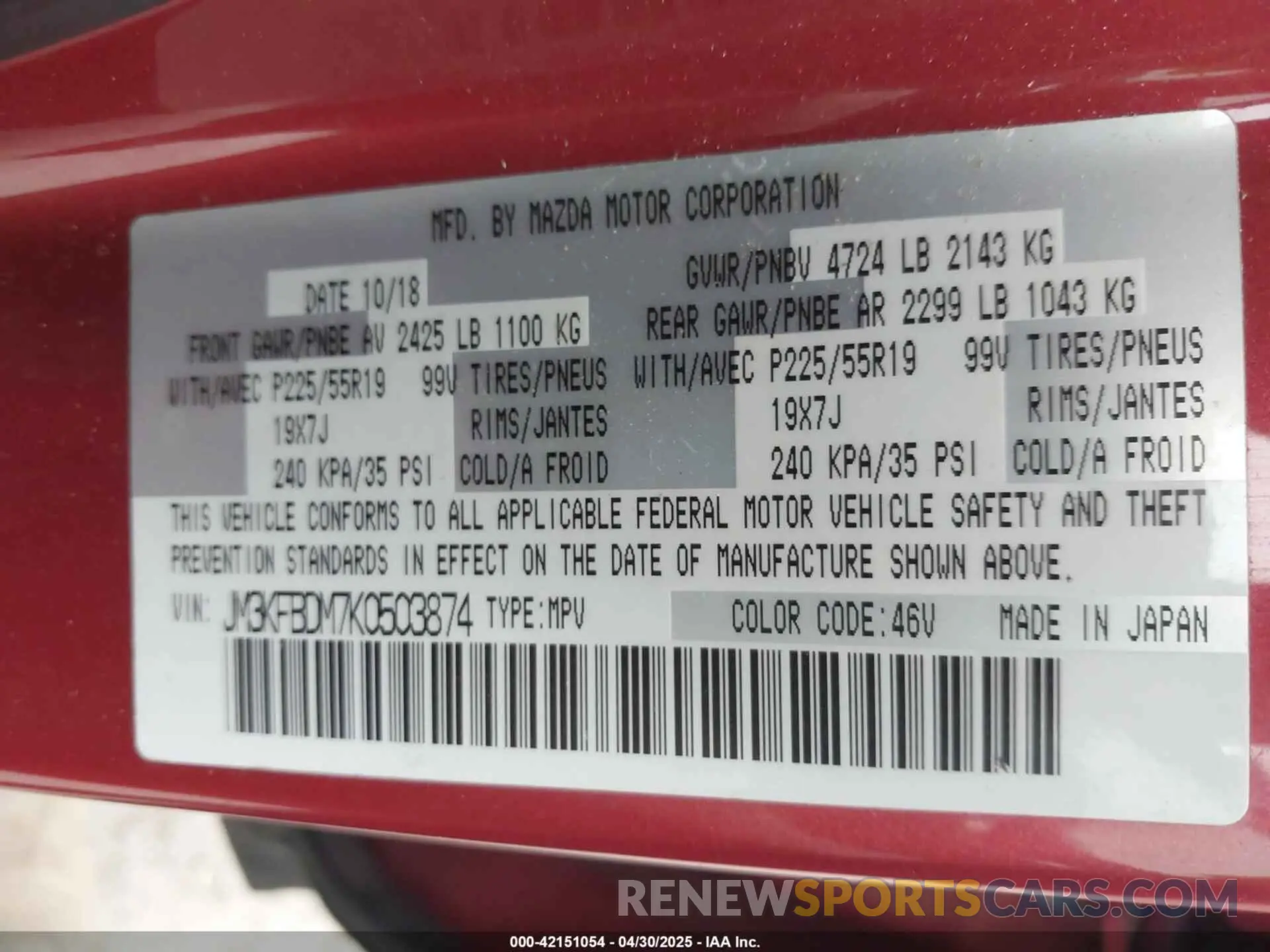 9 Photograph of a damaged car JM3KFBDM7K0503874 MAZDA CX-5 2019