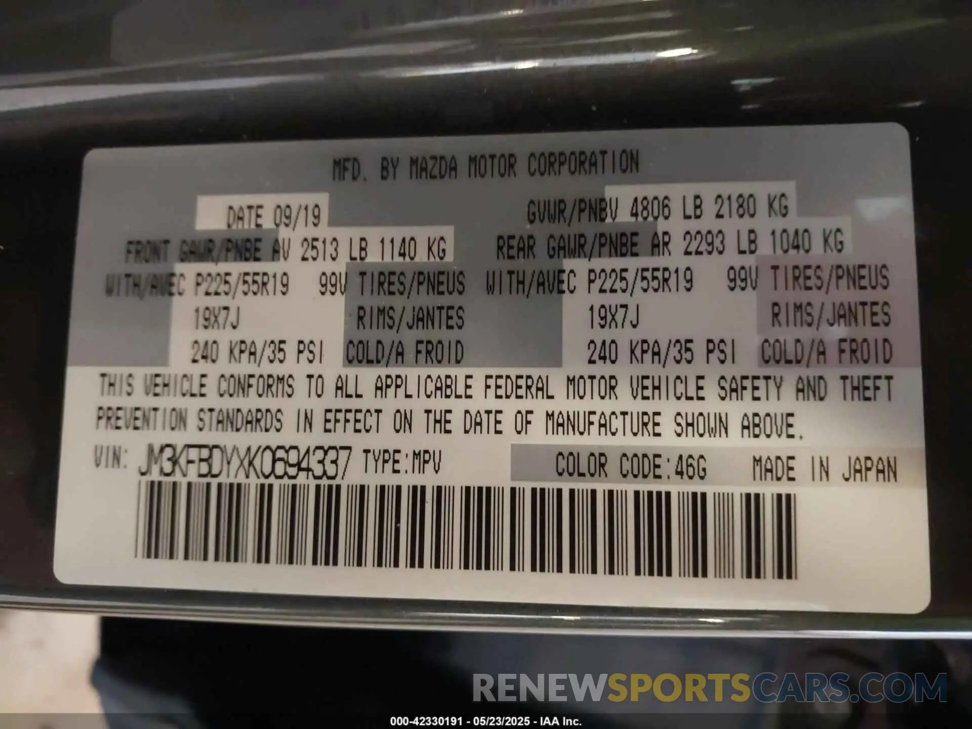 9 Photograph of a damaged car JM3KFBDYXK0694337 MAZDA CX-5 2019