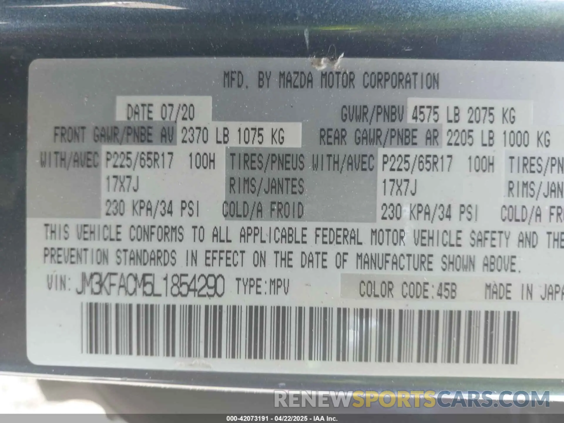 9 Photograph of a damaged car JM3KFACM5L1854290 MAZDA CX-5 2020