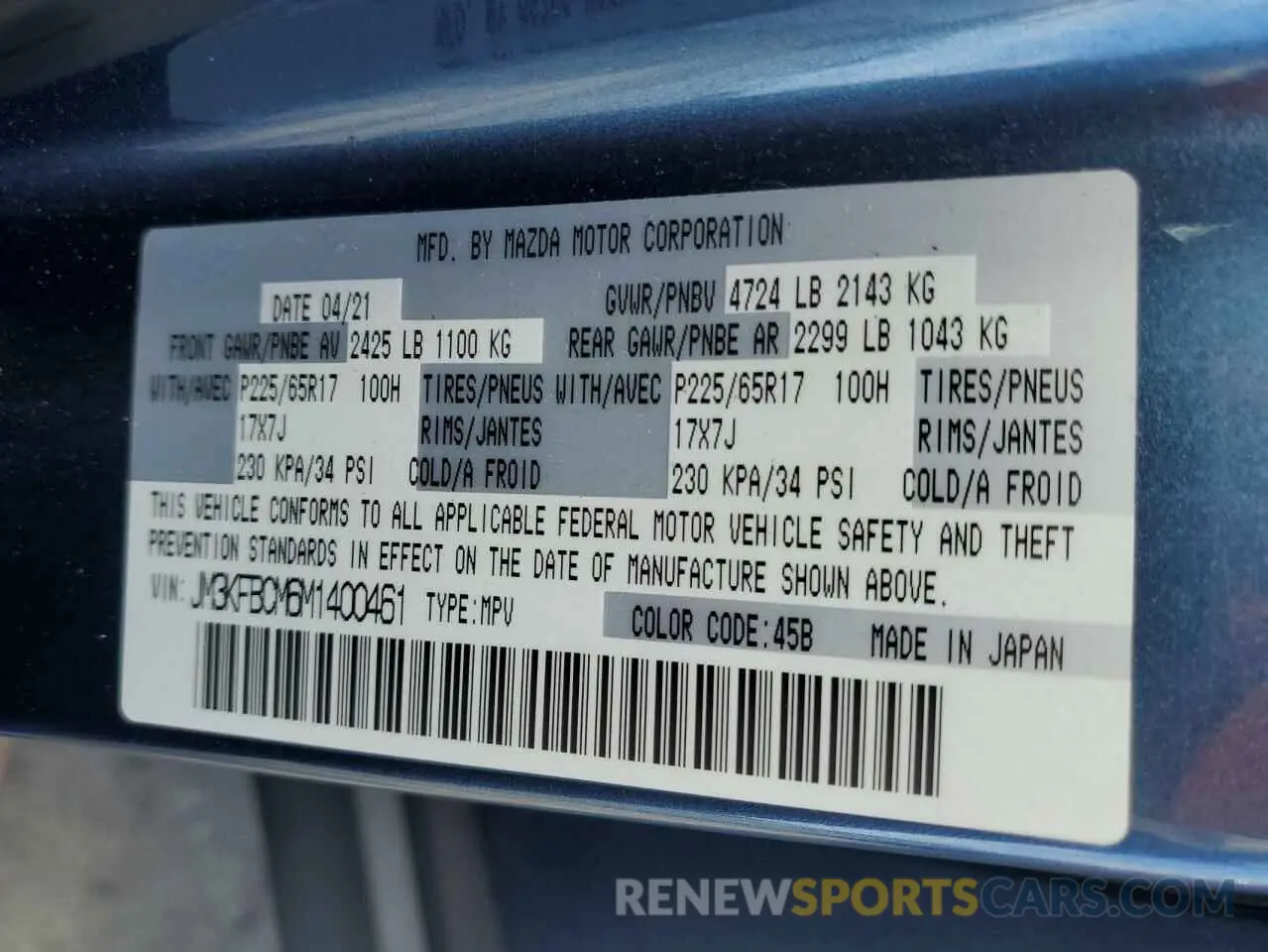 13 Photograph of a damaged car JM3KFBCM6M1400461 MAZDA CX-5 2021