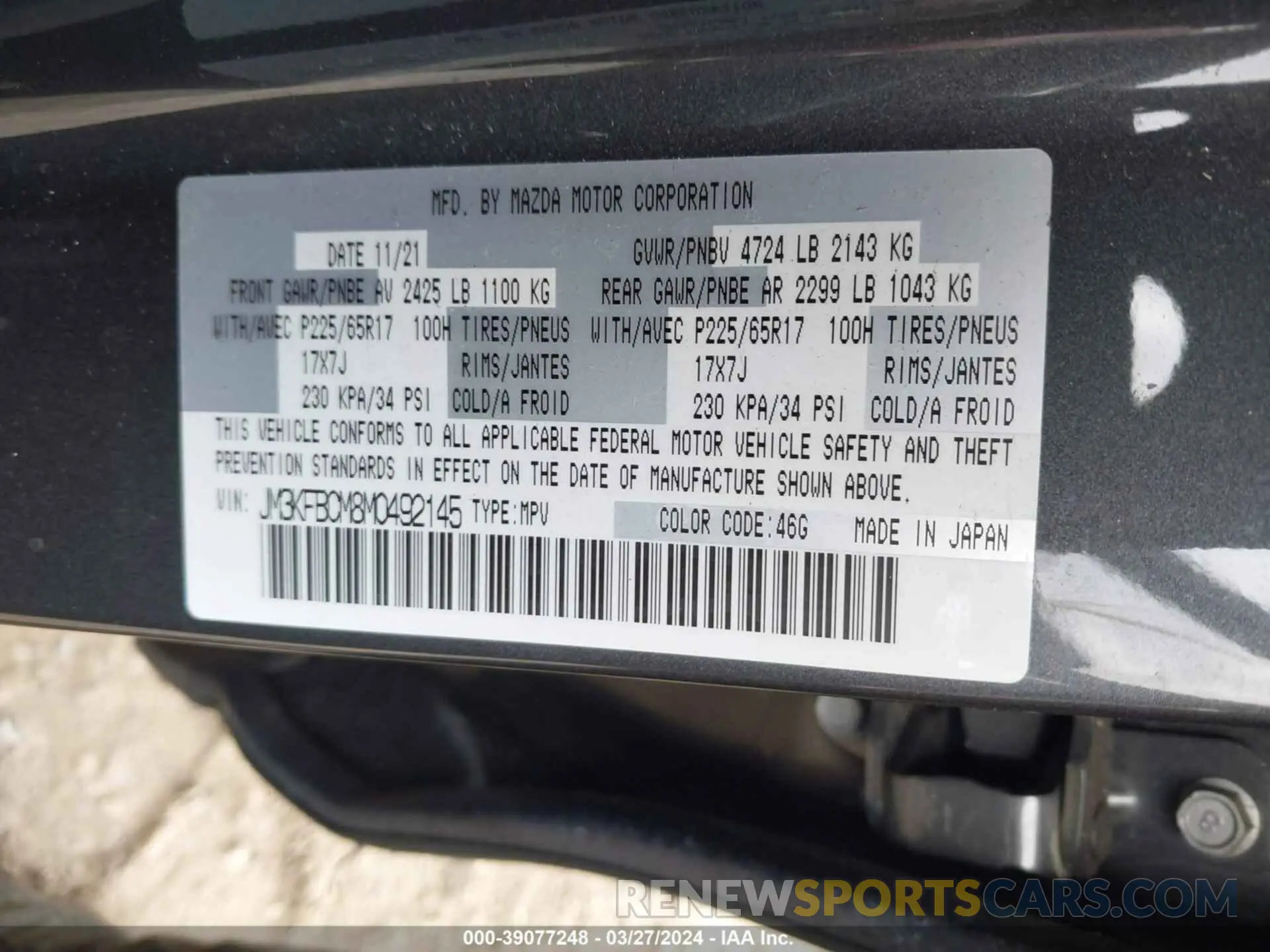 9 Photograph of a damaged car JM3KFBCM8M0492145 MAZDA CX-5 2021