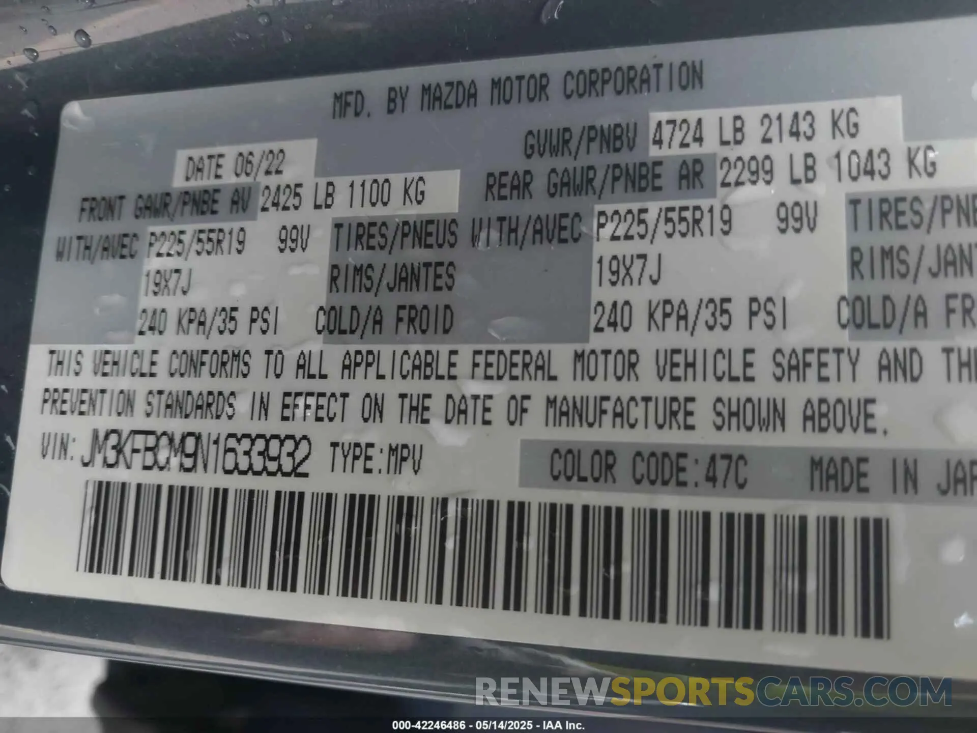 9 Photograph of a damaged car JM3KFBCM9N1633932 MAZDA CX-5 2022