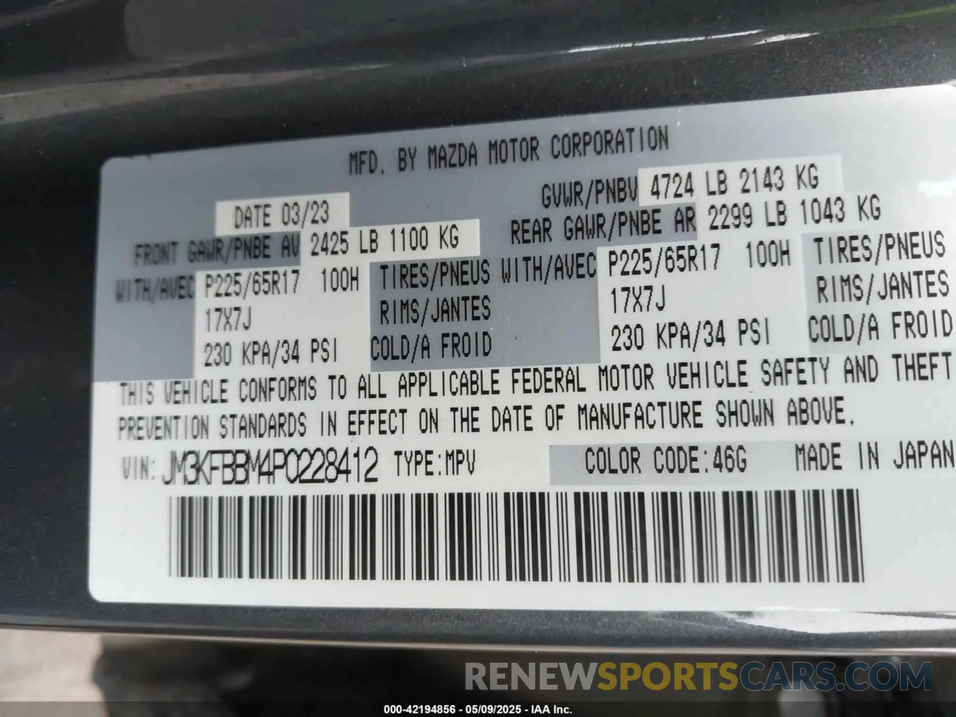 9 Photograph of a damaged car JM3KFBBM4P0228412 MAZDA CX-5 2023