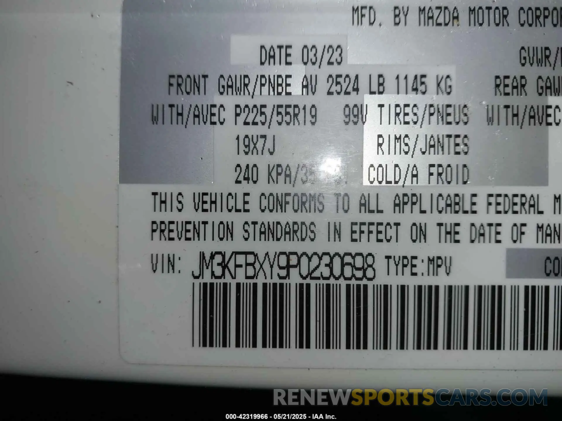 9 Photograph of a damaged car JM3KFBXY9P0230698 MAZDA CX-5 2023