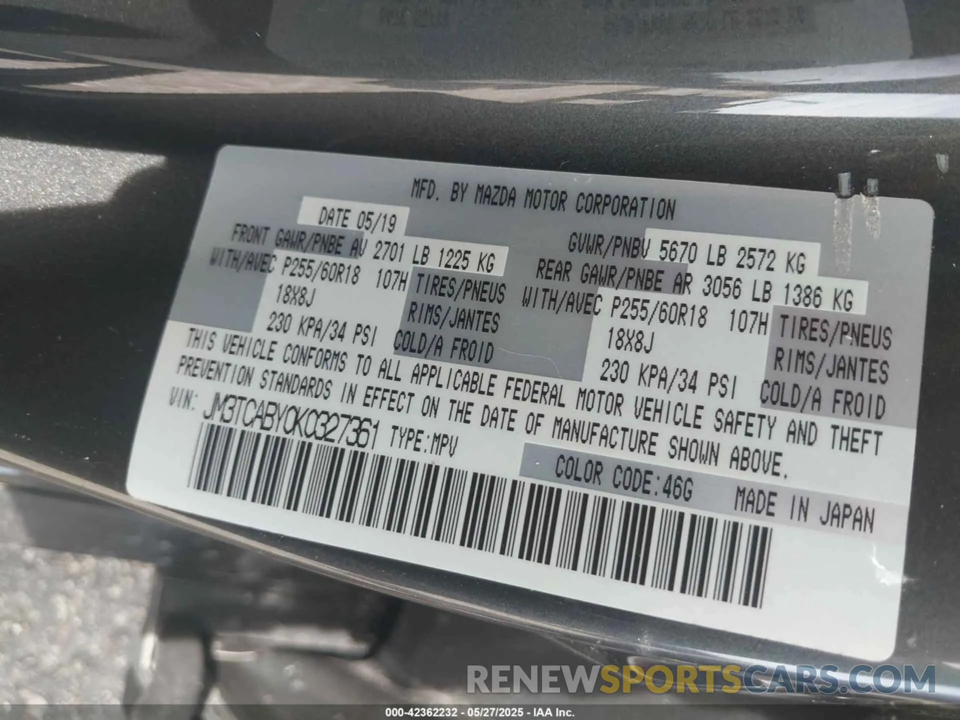 9 Photograph of a damaged car JM3TCABY0K0327361 MAZDA CX-9 2019