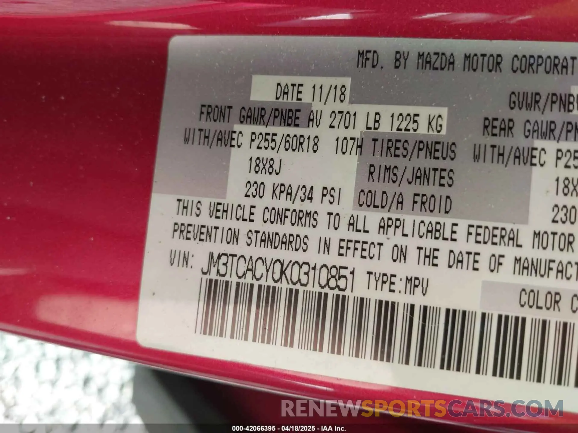 9 Photograph of a damaged car JM3TCACY0K0310851 MAZDA CX-9 2019