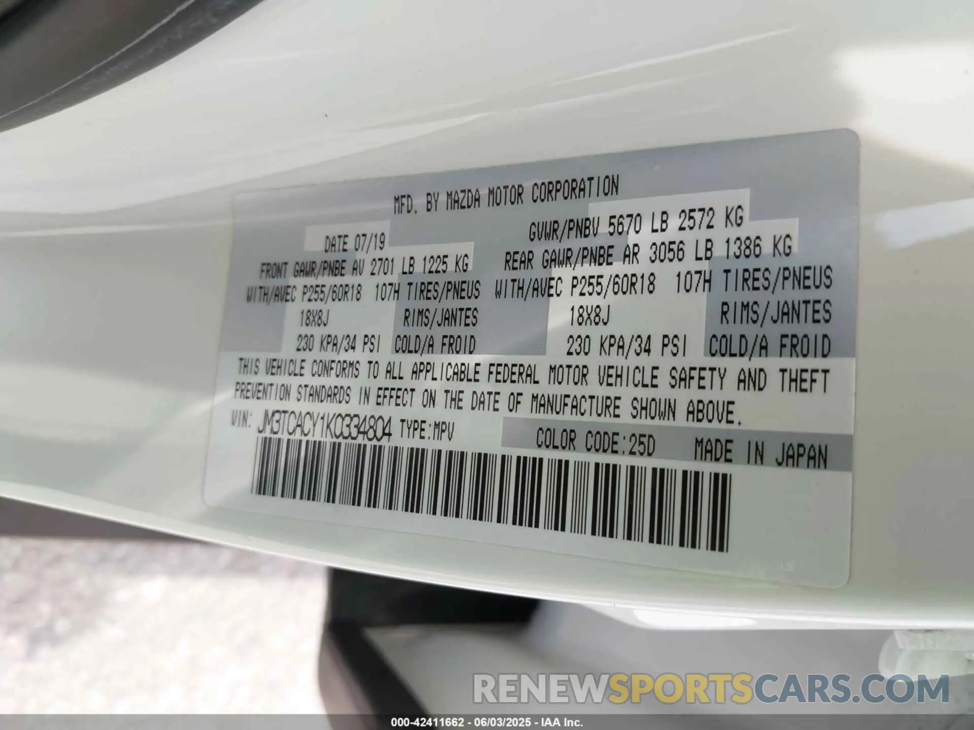 9 Photograph of a damaged car JM3TCACY1K0334804 MAZDA CX-9 2019