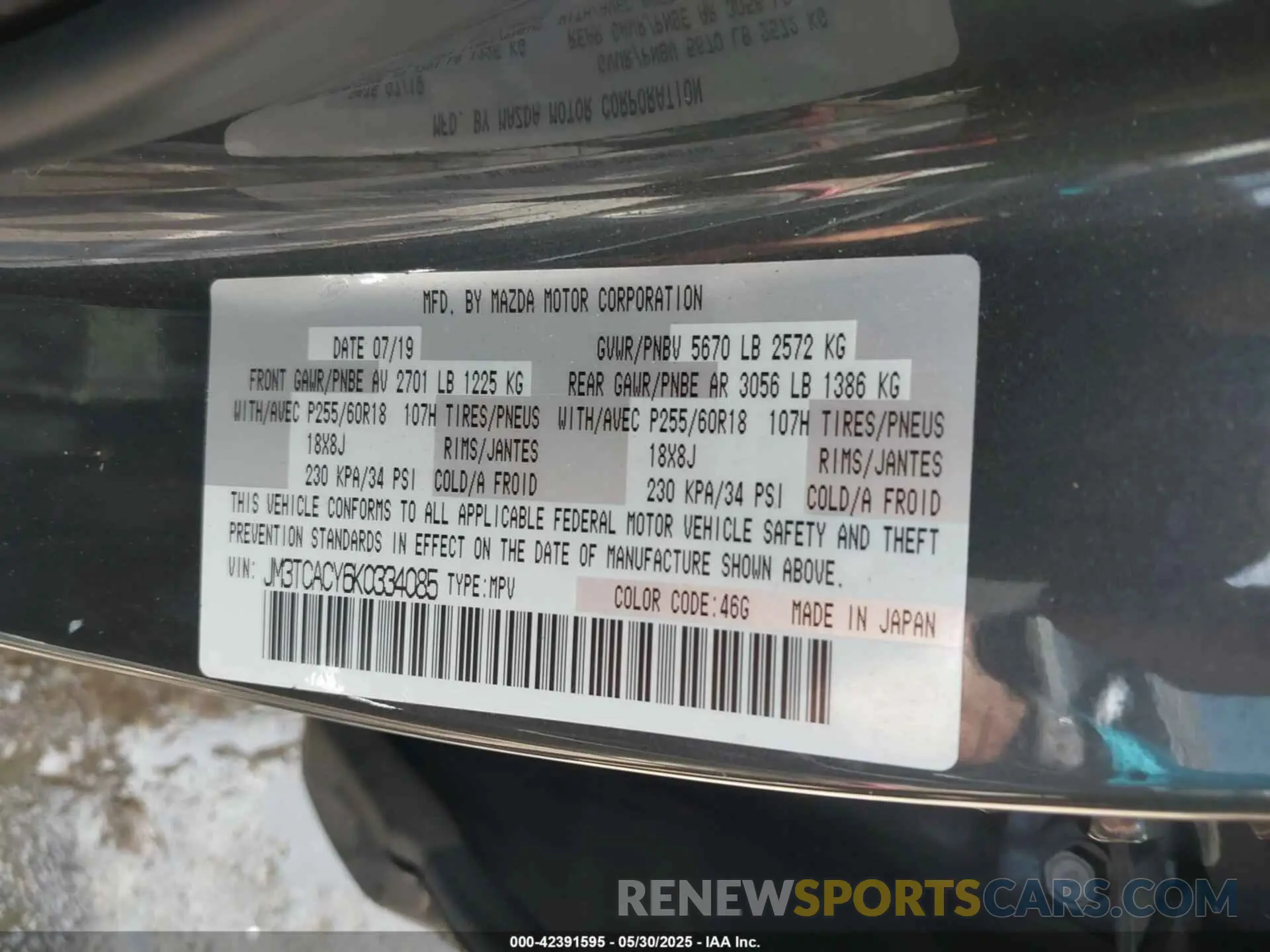 9 Photograph of a damaged car JM3TCACY6K0334085 MAZDA CX-9 2019