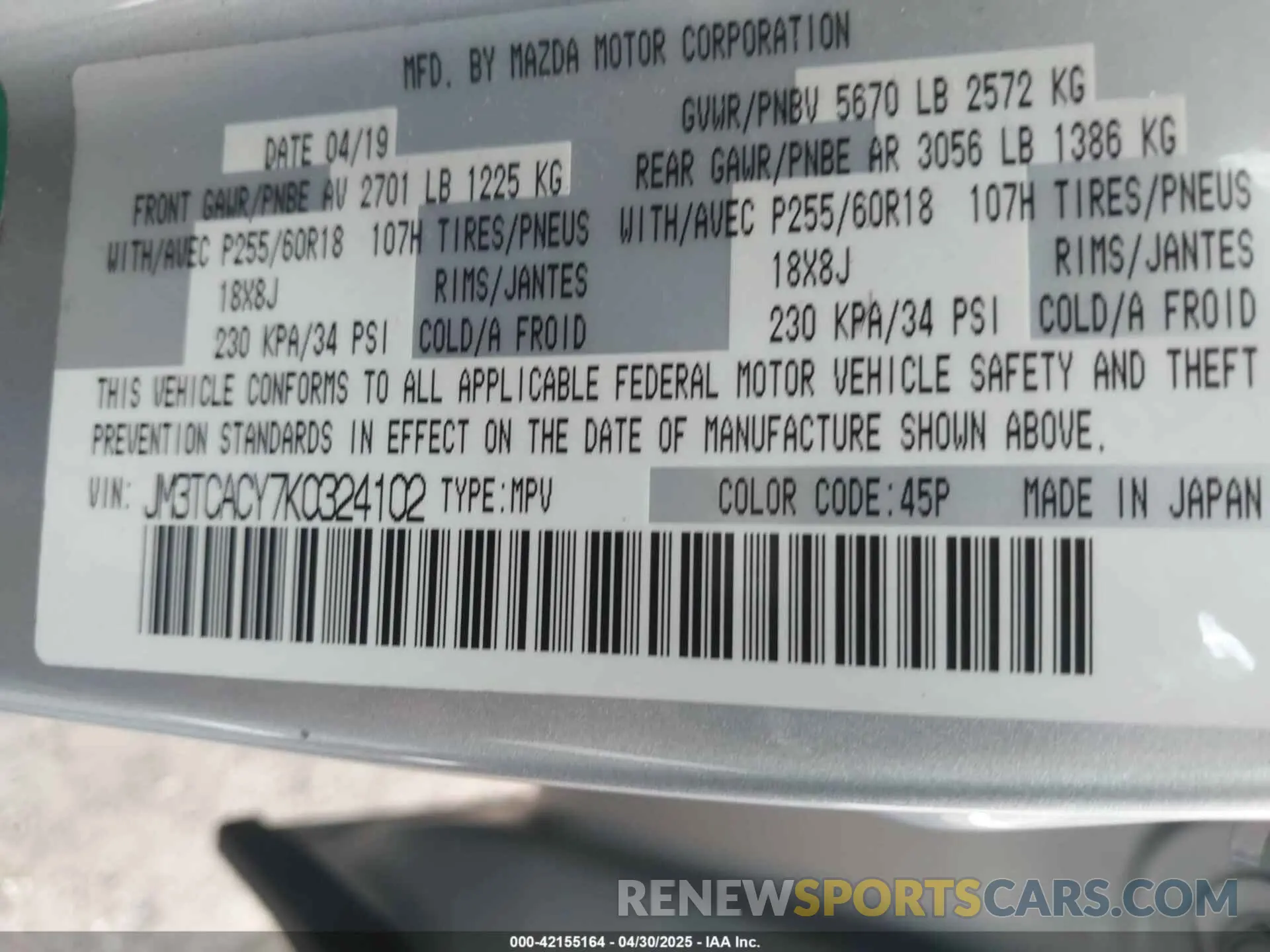 9 Photograph of a damaged car JM3TCACY7K0324102 MAZDA CX-9 2019