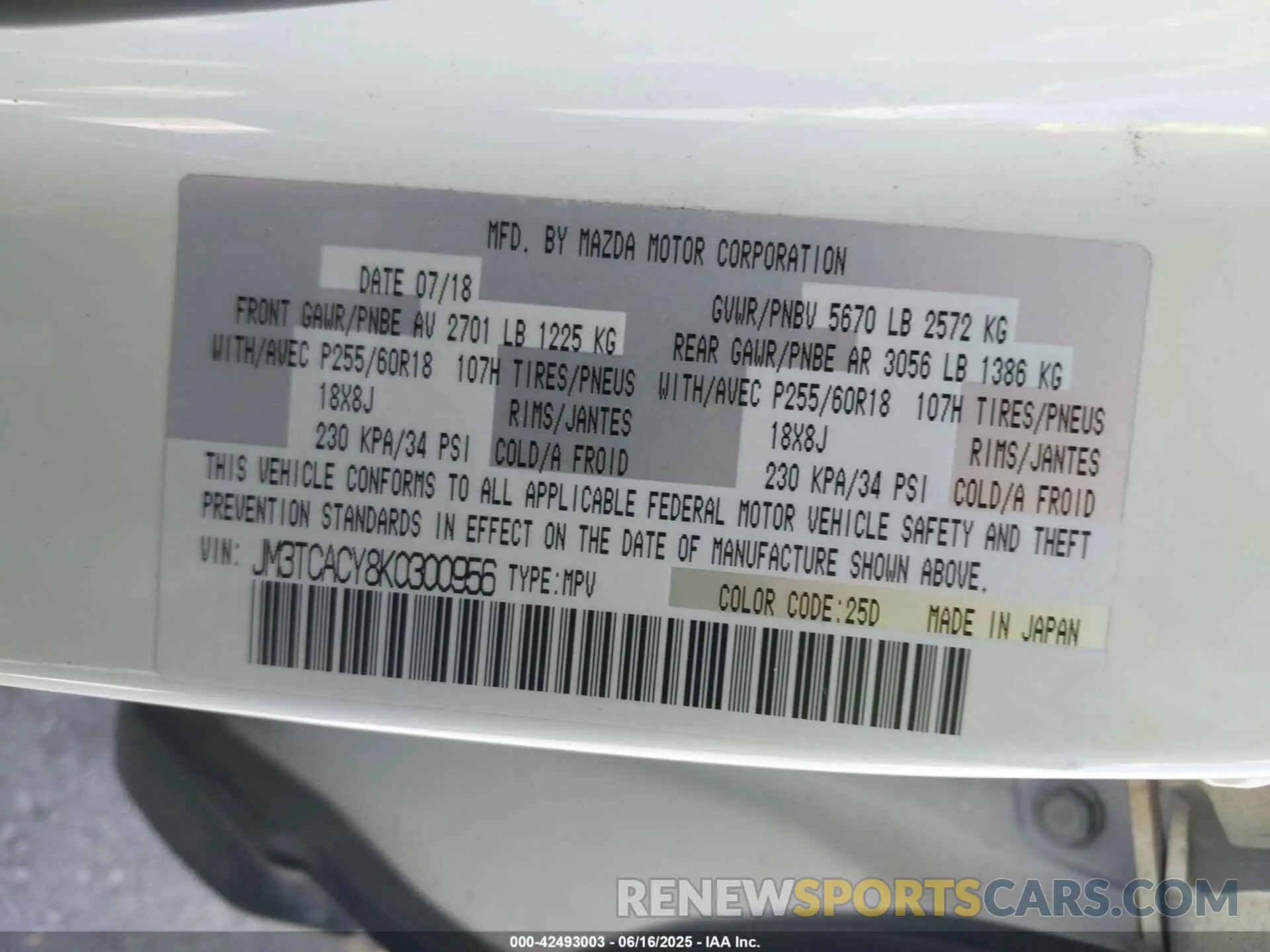 9 Photograph of a damaged car JM3TCACY8K0300956 MAZDA CX-9 2019