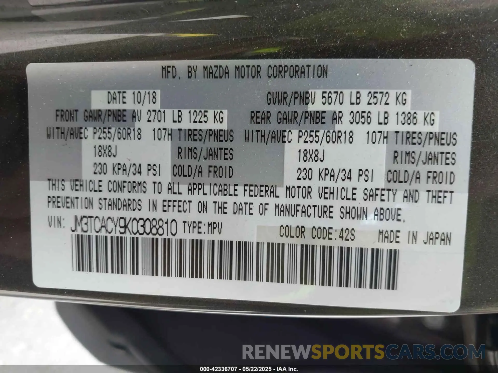 9 Photograph of a damaged car JM3TCACY9K0308810 MAZDA CX-9 2019