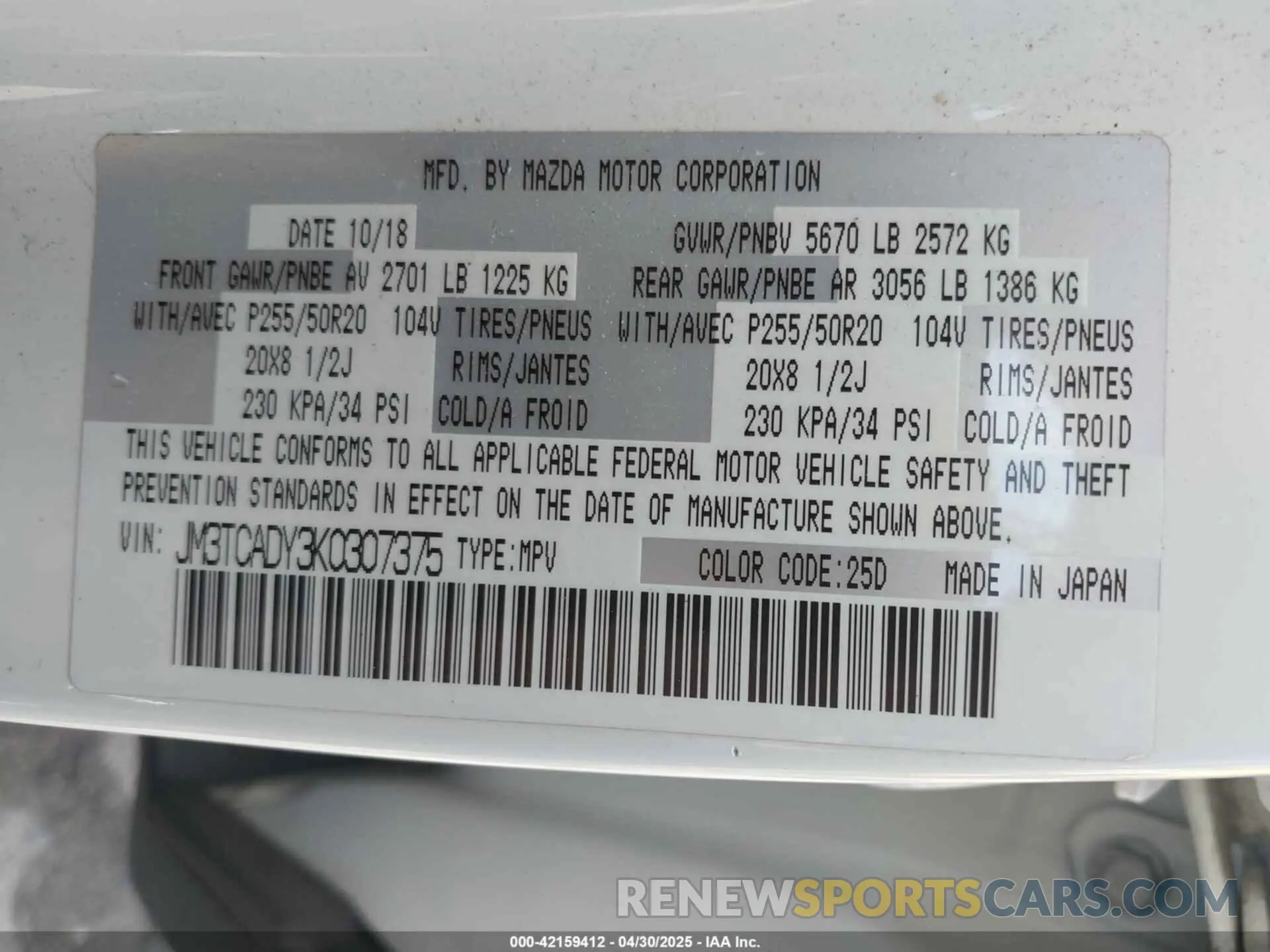 9 Photograph of a damaged car JM3TCADY3K0307375 MAZDA CX-9 2019