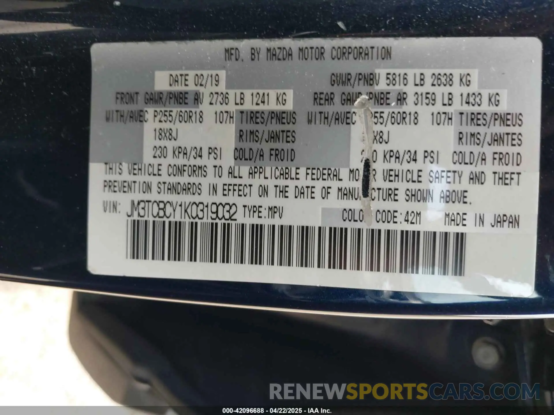 9 Photograph of a damaged car JM3TCBCY1K0319032 MAZDA CX-9 2019