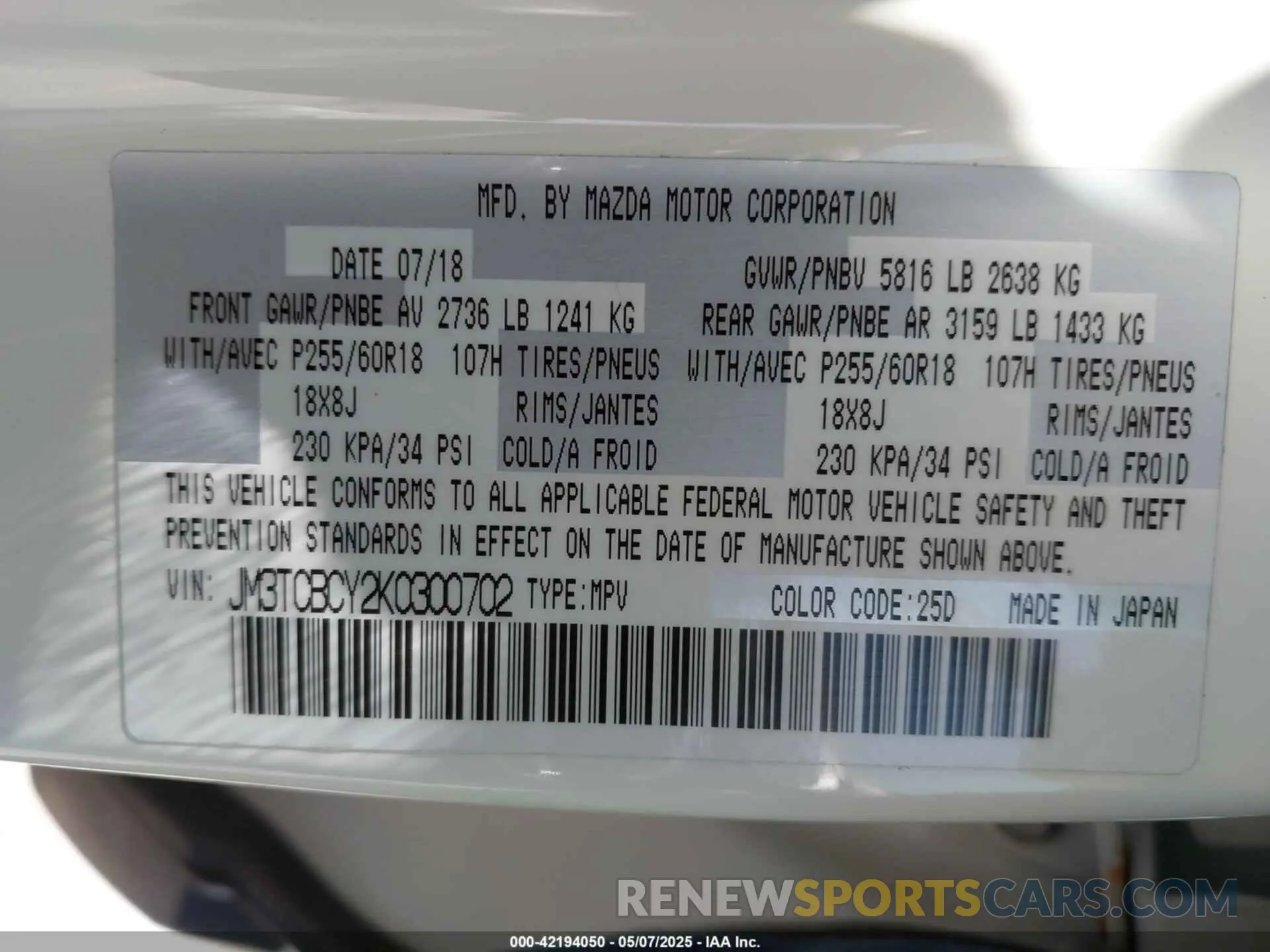 9 Photograph of a damaged car JM3TCBCY2K0300702 MAZDA CX-9 2019