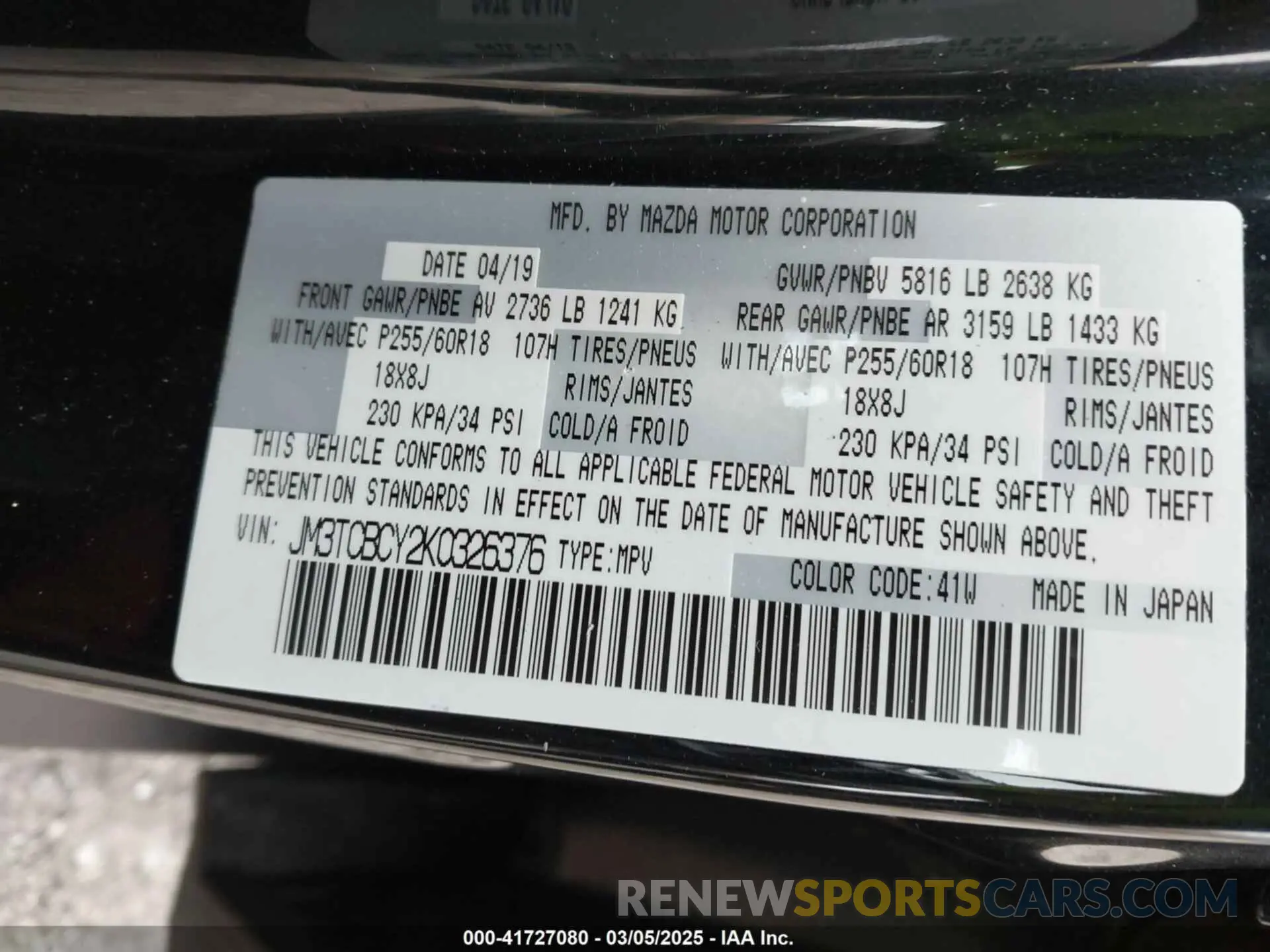 9 Photograph of a damaged car JM3TCBCY2K0326376 MAZDA CX-9 2019