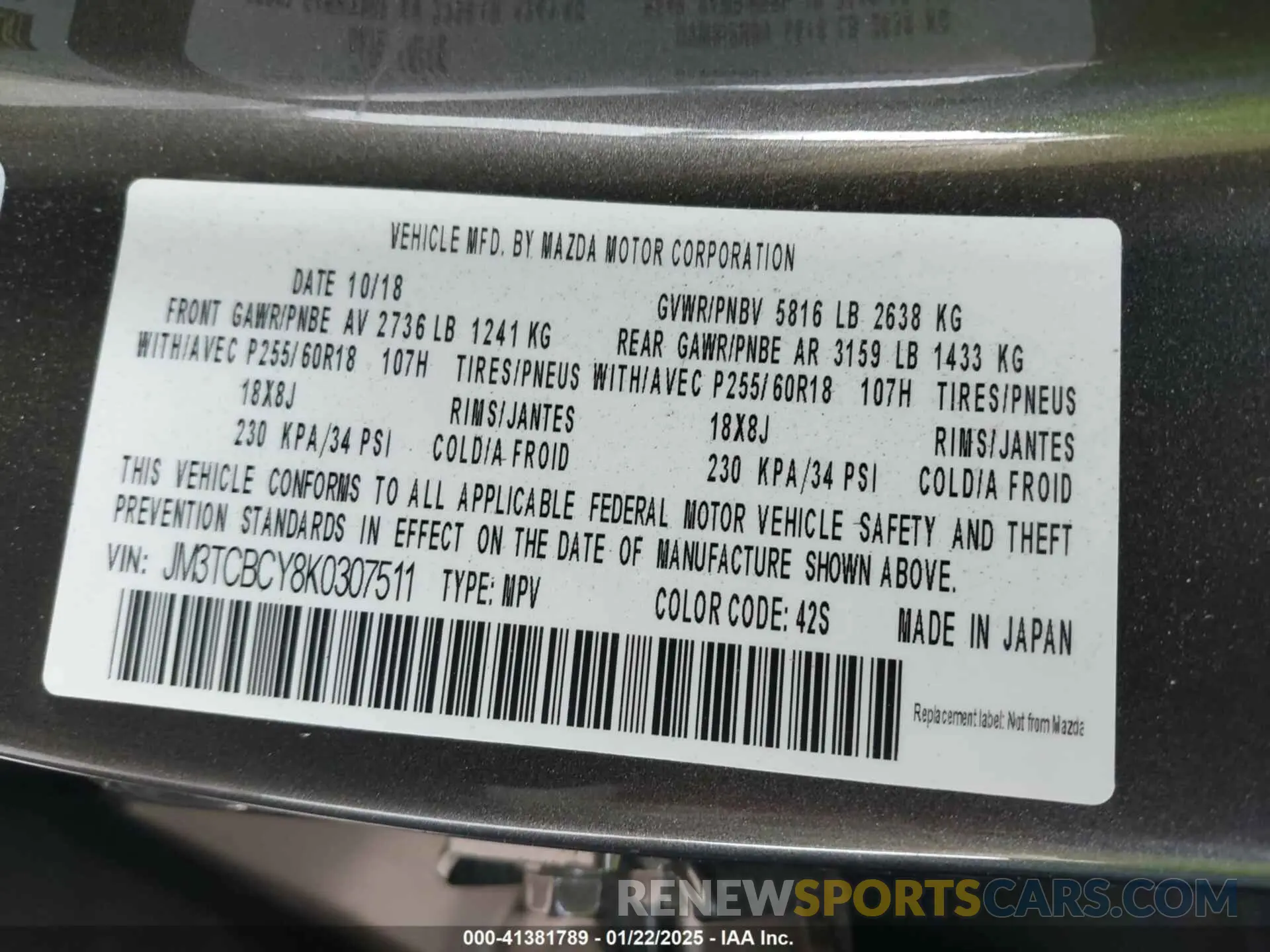 9 Photograph of a damaged car JM3TCBCY8K0307511 MAZDA CX-9 2019