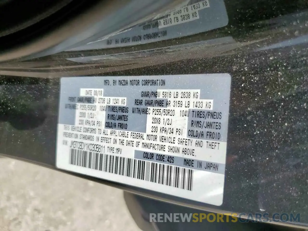 13 Photograph of a damaged car JM3TCBDY1K0305811 MAZDA CX-9 2019